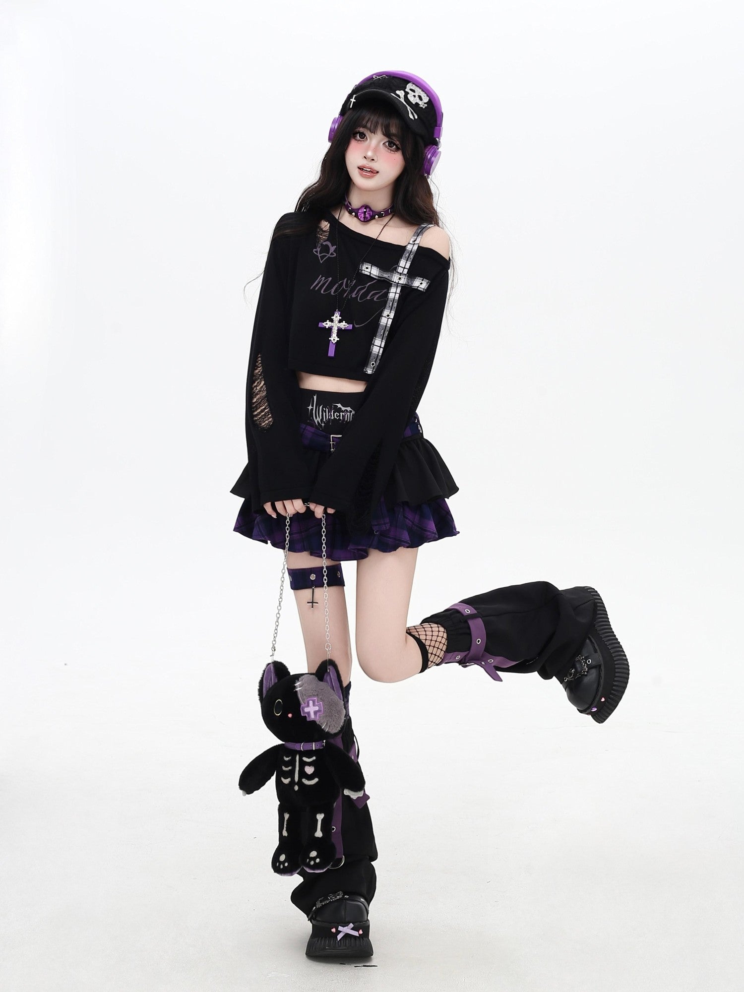 Crazy Girl Distressed Checkered Strap Slanted Neck Women&