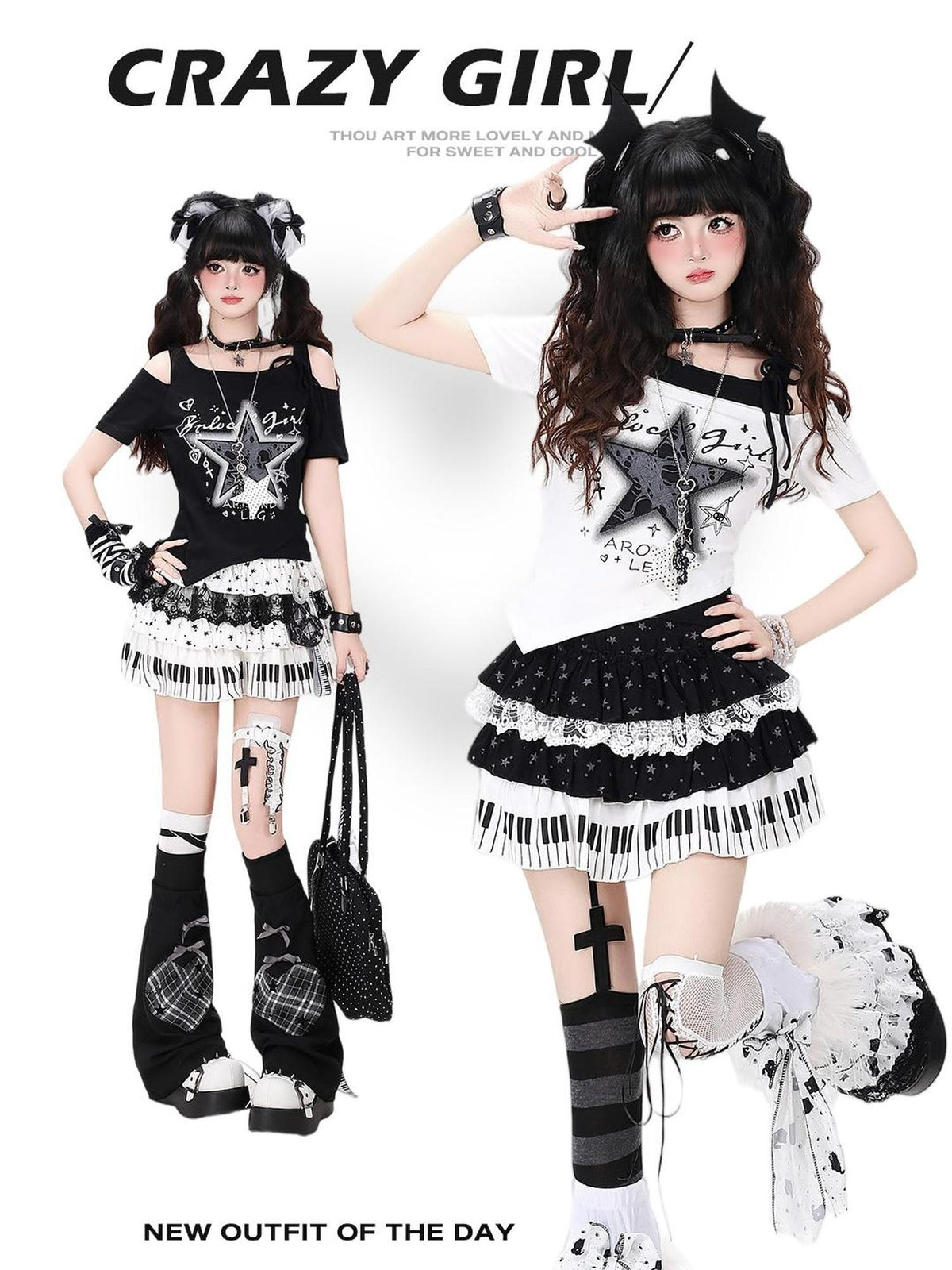 Crazy Girl Distressed Star Spliced Fake Two Piece Women&