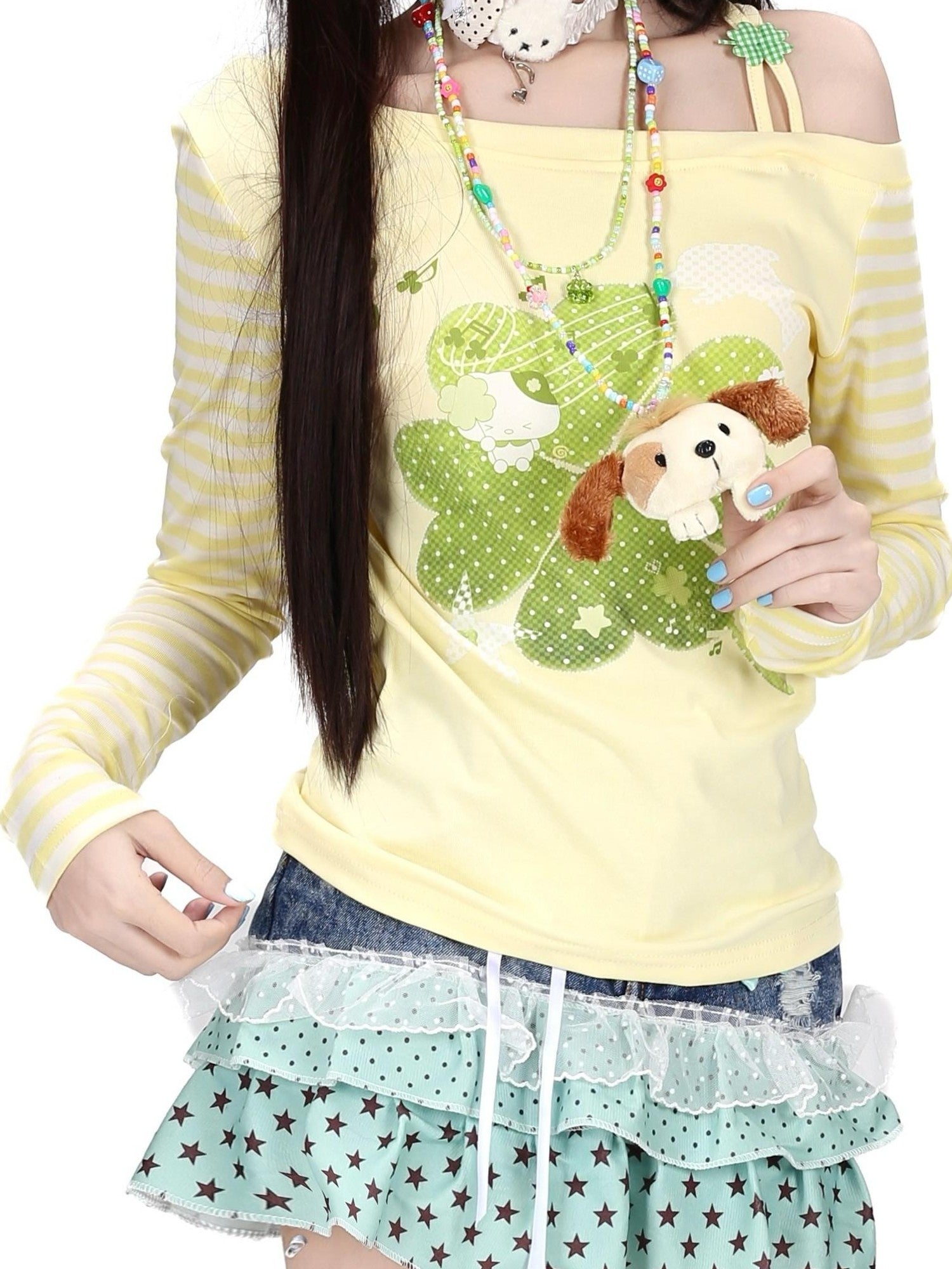Crazy Girl Dopamine Striped Clover Spliced Asymmetric Women&