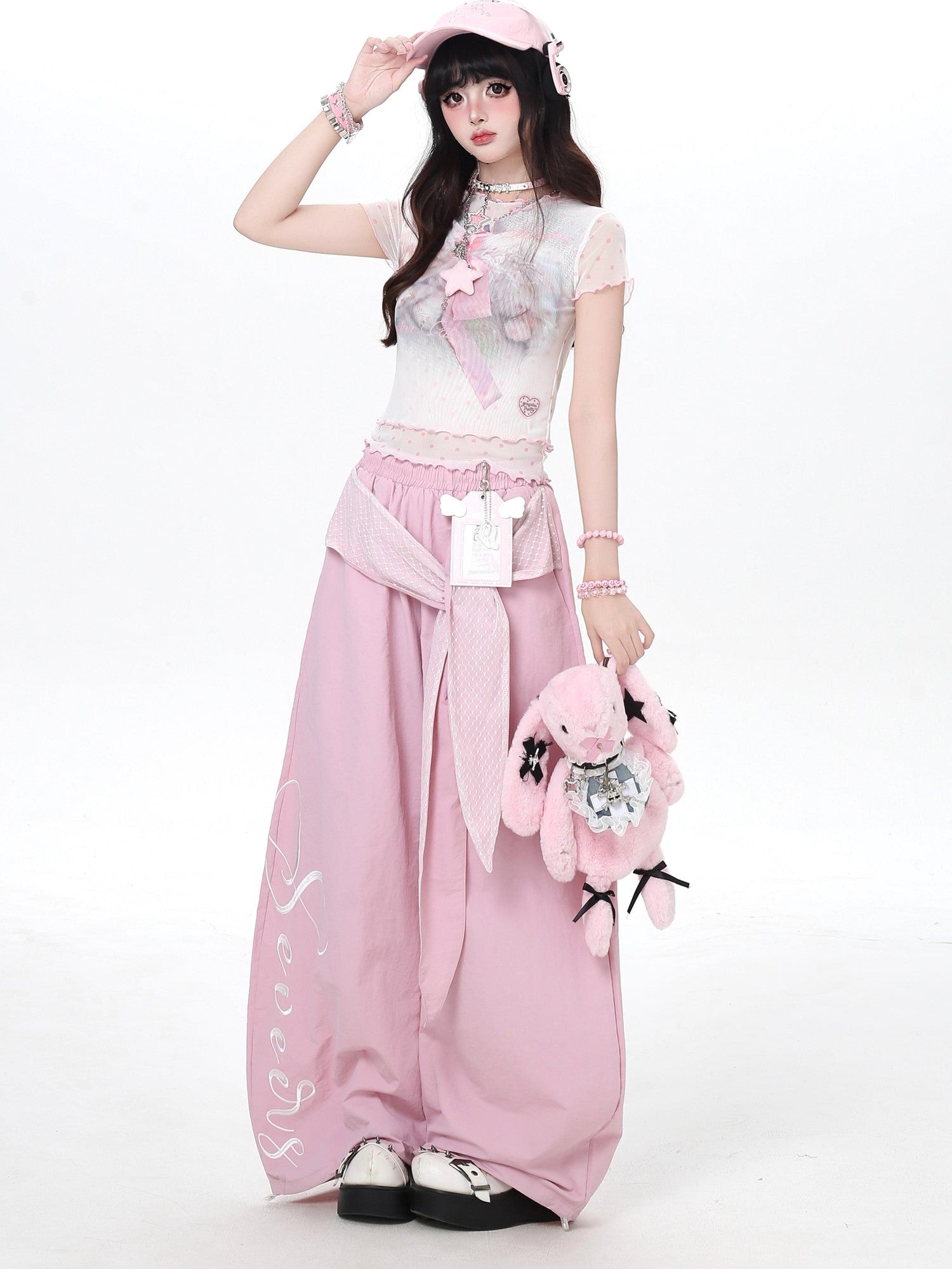 Crazy Girl Embroidered Lace Tie Faux Two Piece Loose High Waist American Women&