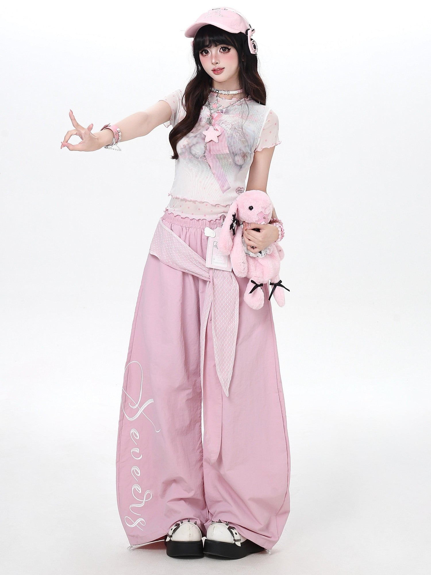 Crazy Girl Embroidered Lace Tie Faux Two Piece Loose High Waist American Women&