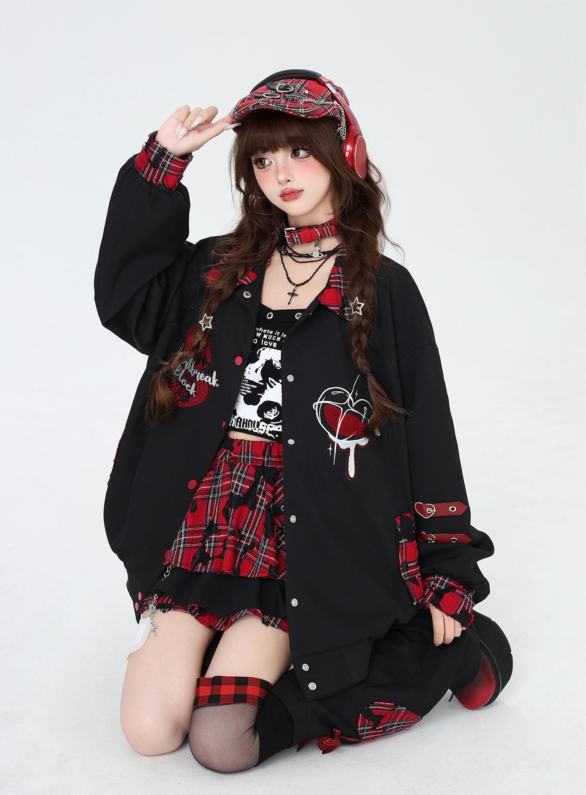 Crazy_Girl_Embroidered_Plaid_Patchwork_Notched_Collar_Loose_Fit_Women&