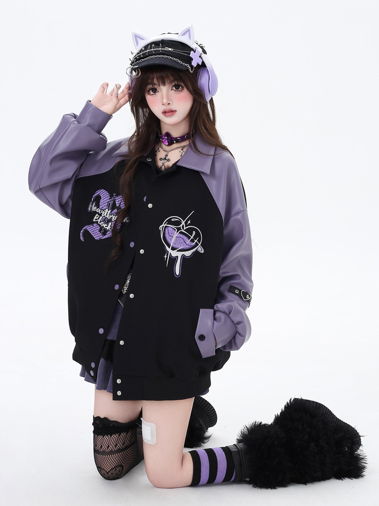 Crazy Girl Embroidered Plaid Patchwork Notched Collar Loose Fit Women&