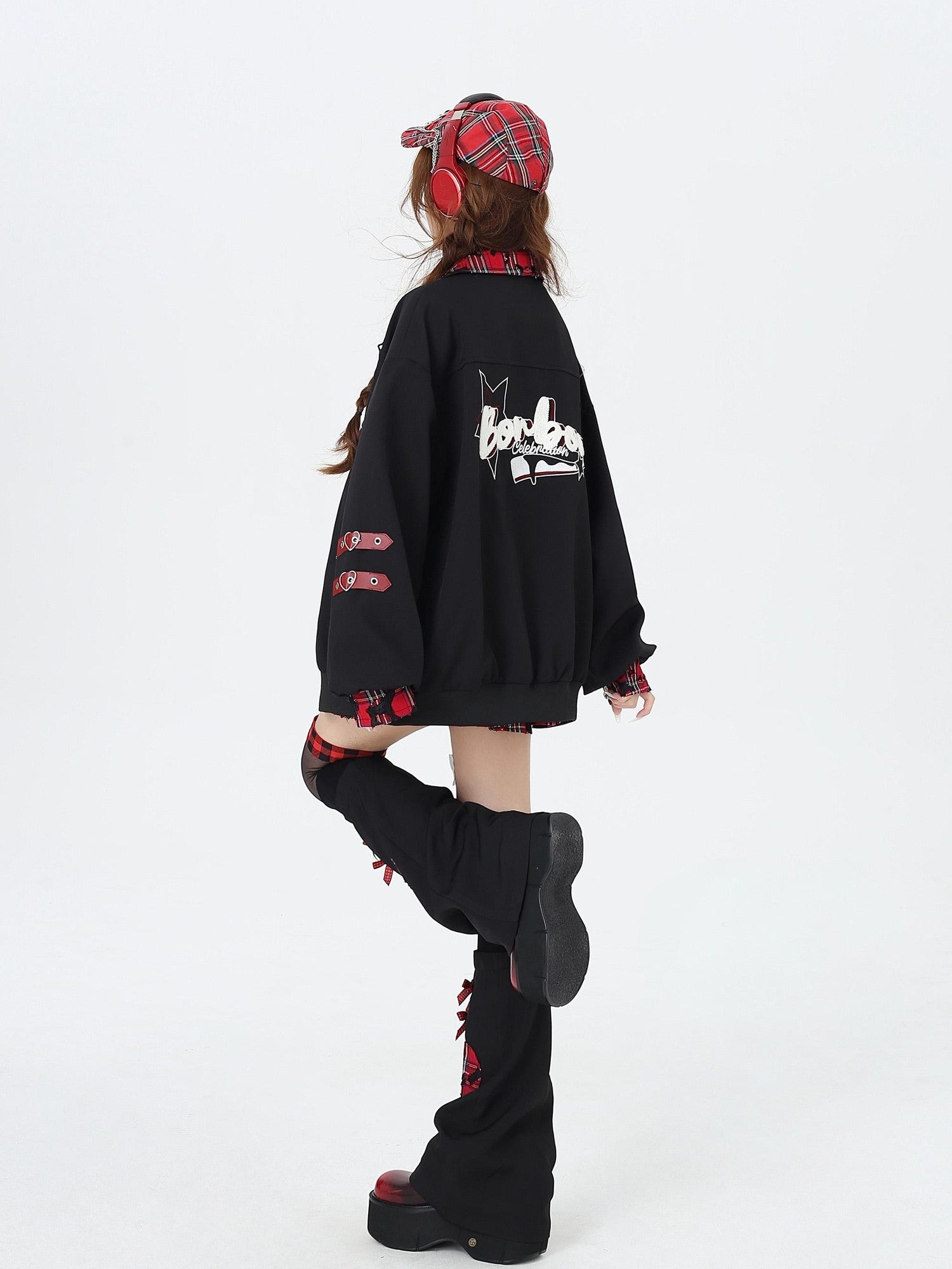 Crazy Girl Embroidered Plaid Patchwork Notched Collar Loose Fit Women&