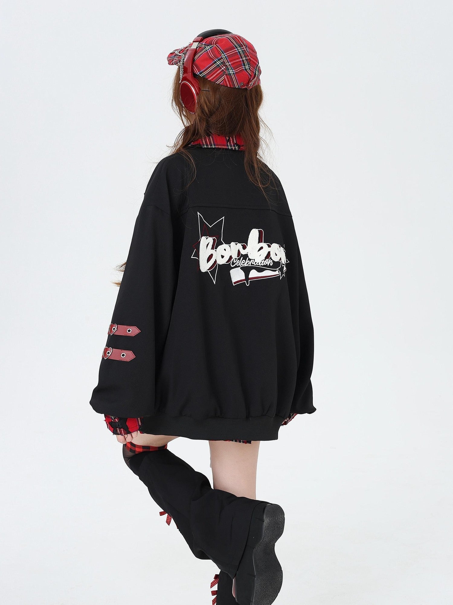 Crazy Girl Embroidered Plaid Patchwork Notched Collar Loose Fit Women&