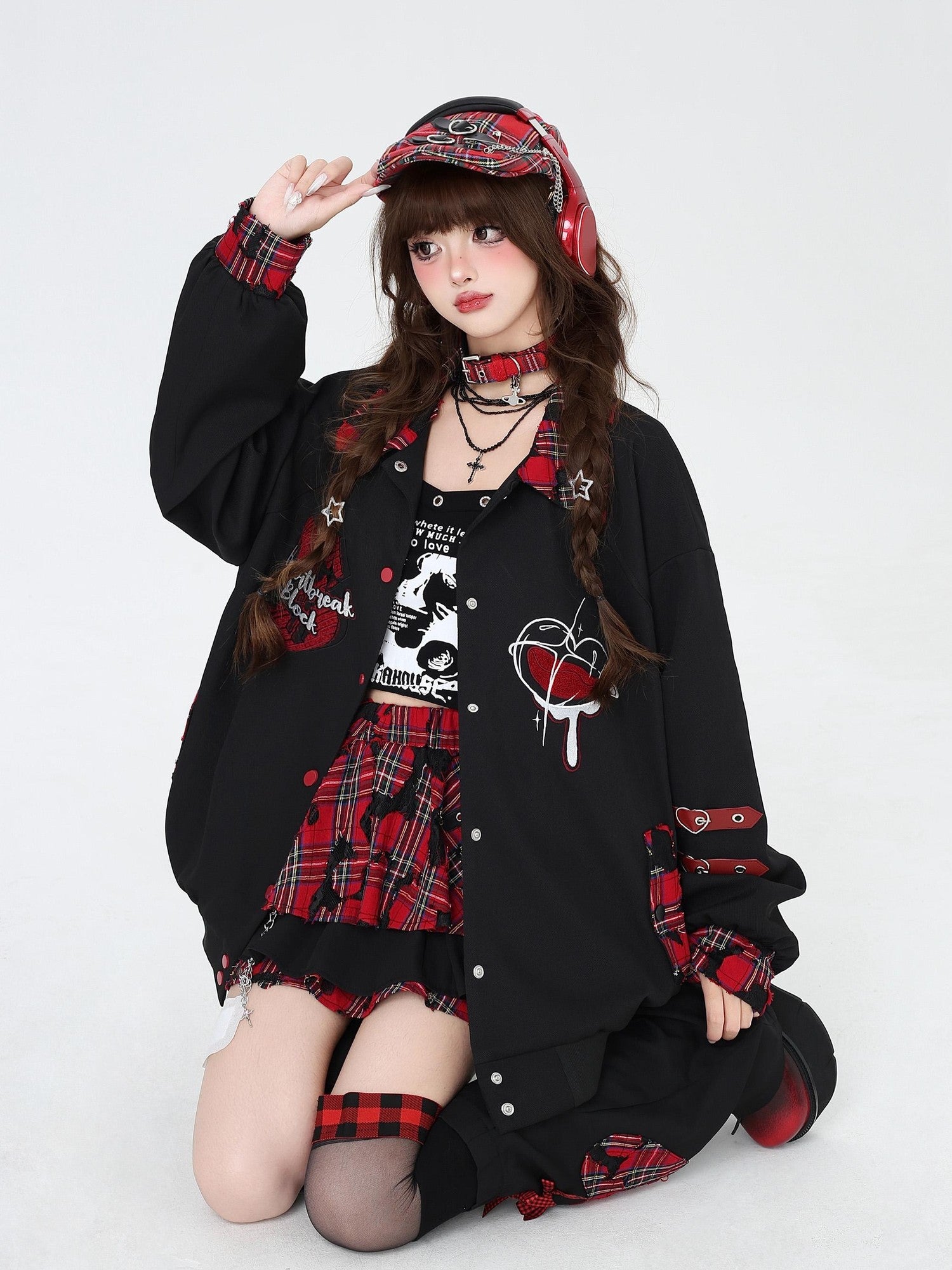 Crazy Girl Embroidered Plaid Patchwork Notched Collar Loose Fit Women&