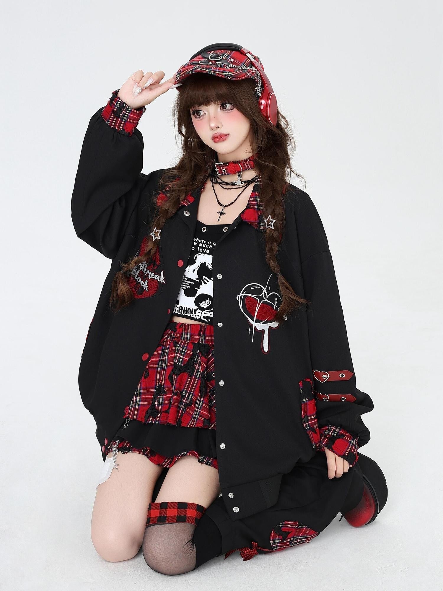 Crazy Girl Embroidered Plaid Patchwork Notched Collar Loose Fit Women&