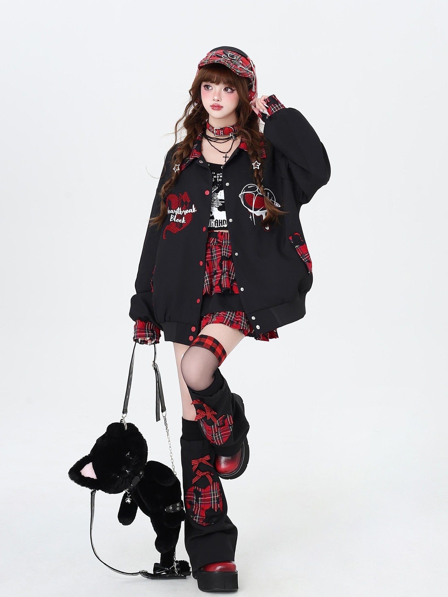 Crazy Girl Embroidered Plaid Patchwork Notched Collar Loose Fit Women&