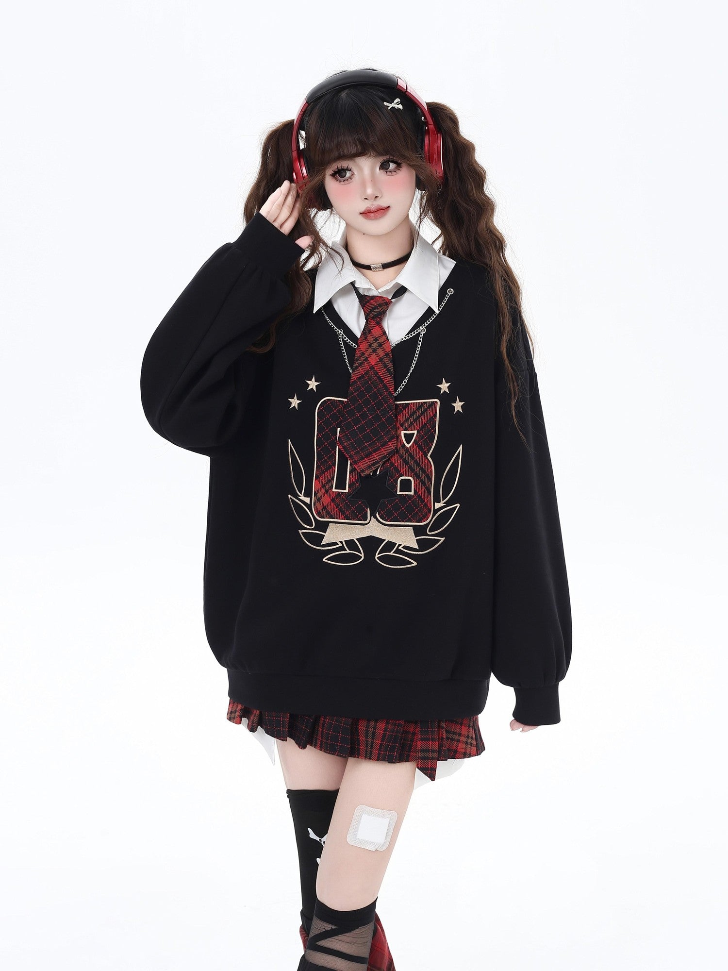Crazy Girl Faux Two Piece Stand Collar Loose Fit College Sweet Women&