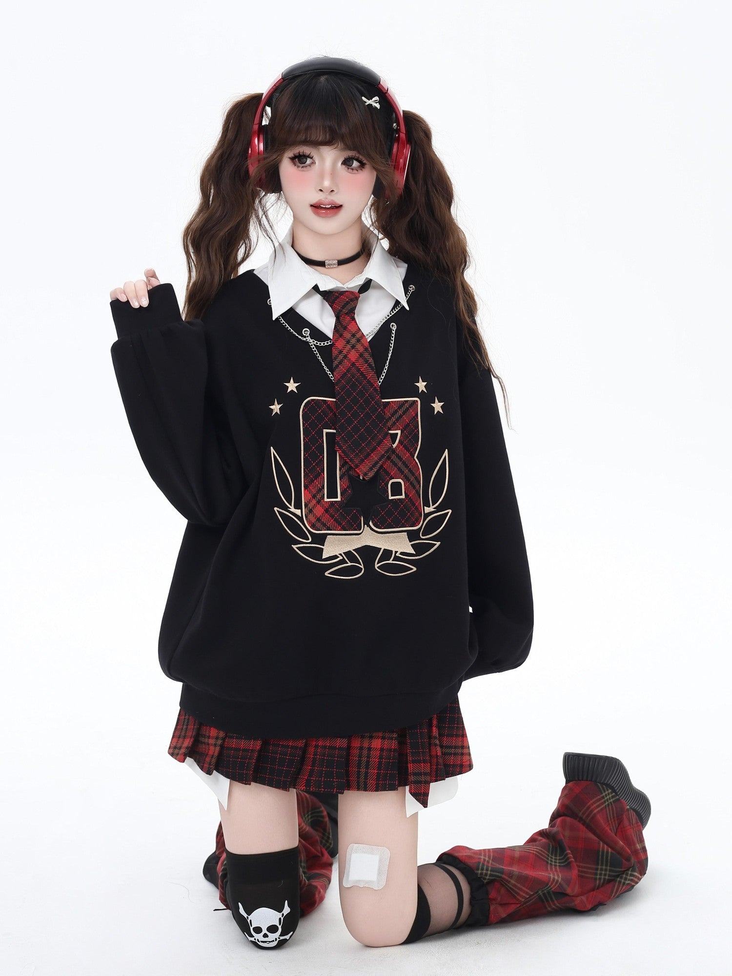 Crazy Girl Faux Two Piece Stand Collar Loose Fit College Sweet Women&