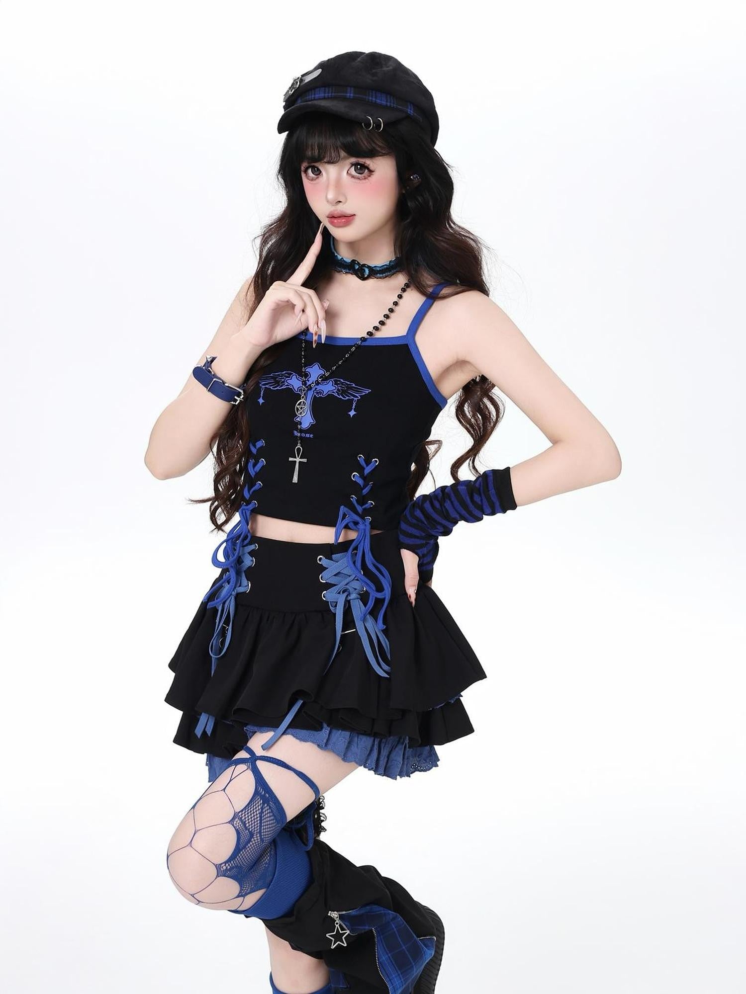 Crazy Girl Gothic Cross Tie Strappy U Neck Cropped Slim Women&