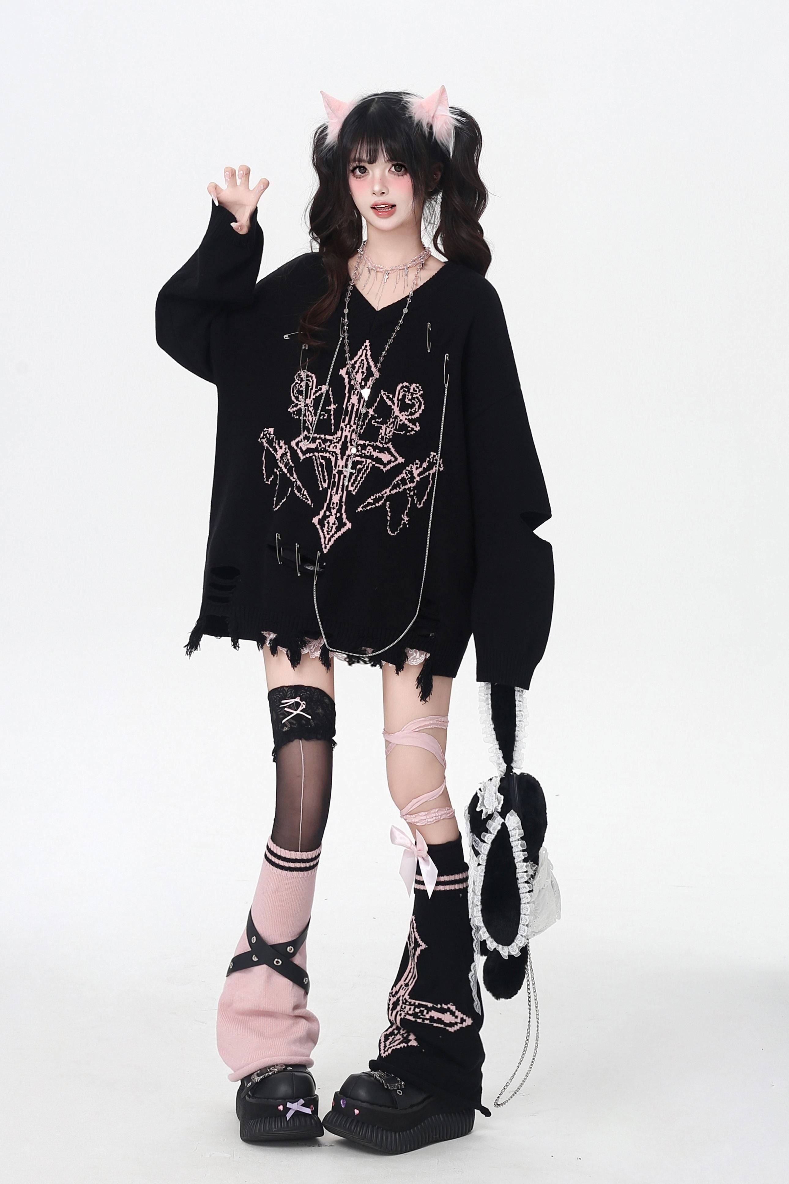 Crazy_Girl_Gothic_Niche_V-neck_A_Line_Loose_Fit_Oversized_Women&