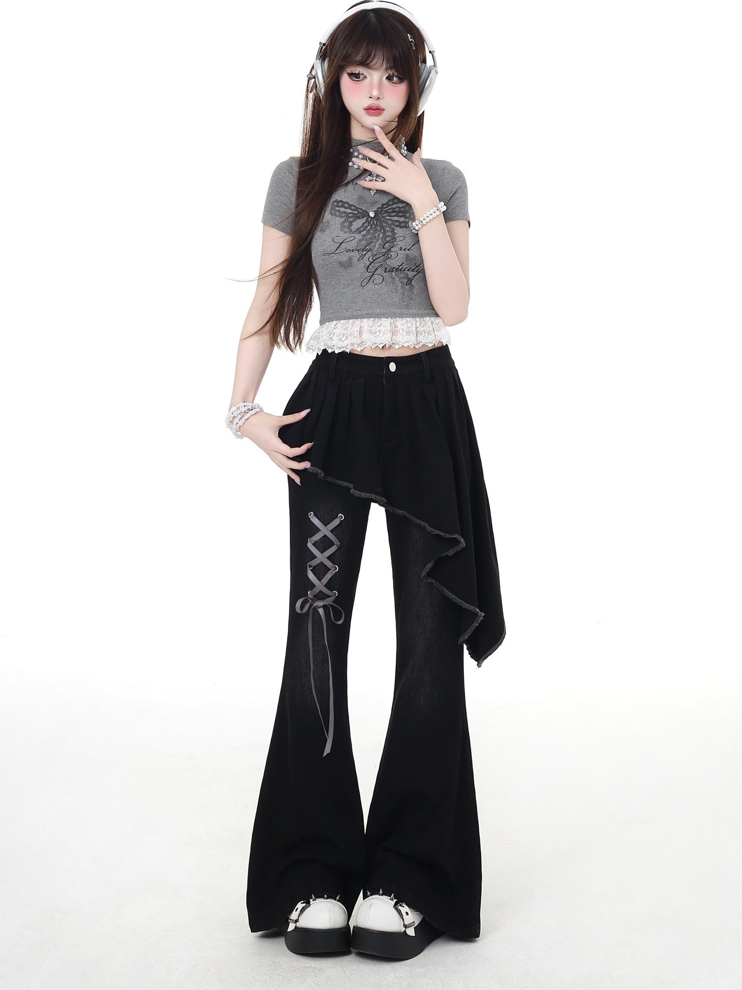 Crazy Girl Gothic Patchwork Lace Up High Waist Women&