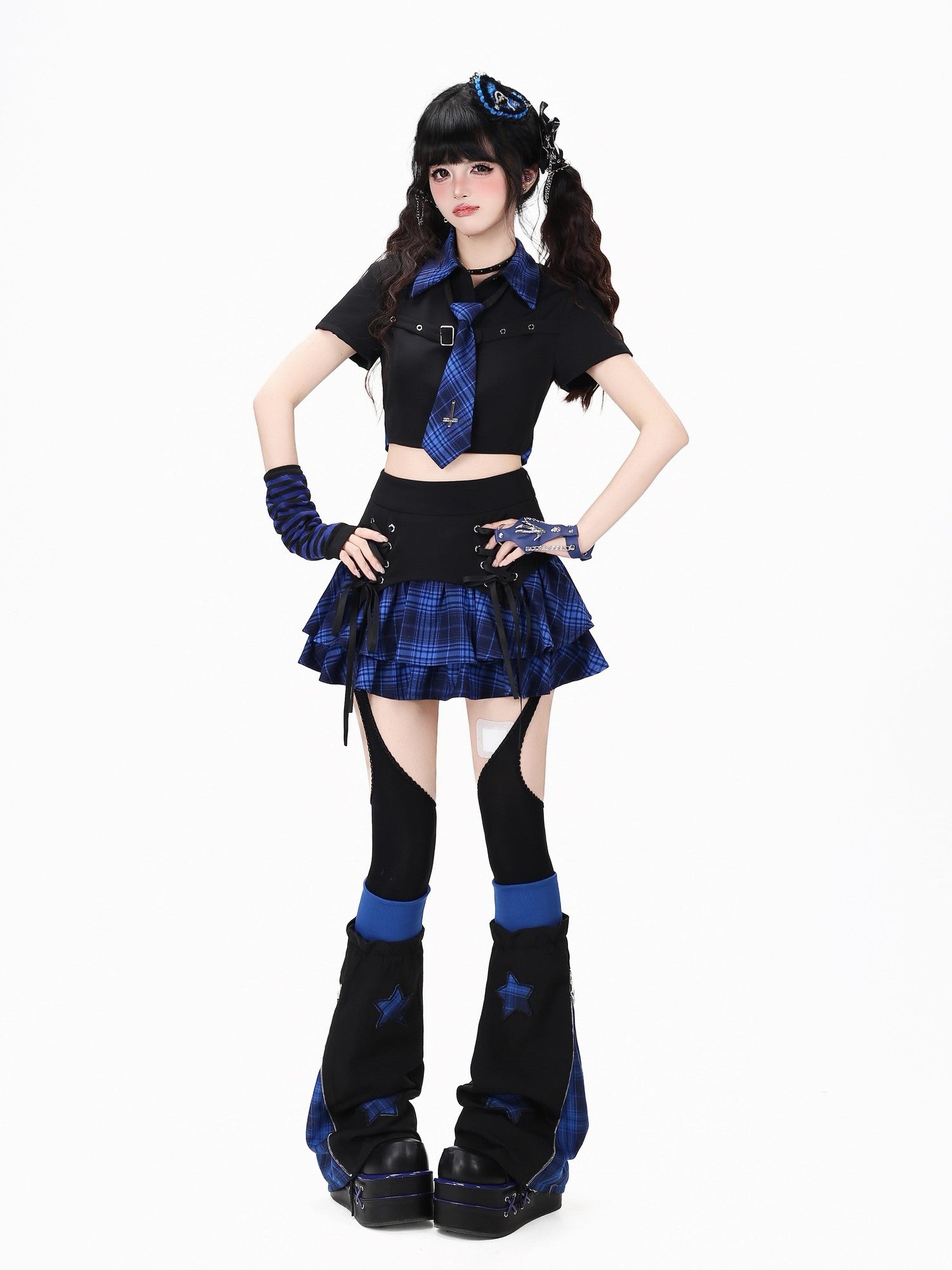 Crazy Girl Gothic Plaid Lace Up Backless Exposed Waist Square Shoulder Women&