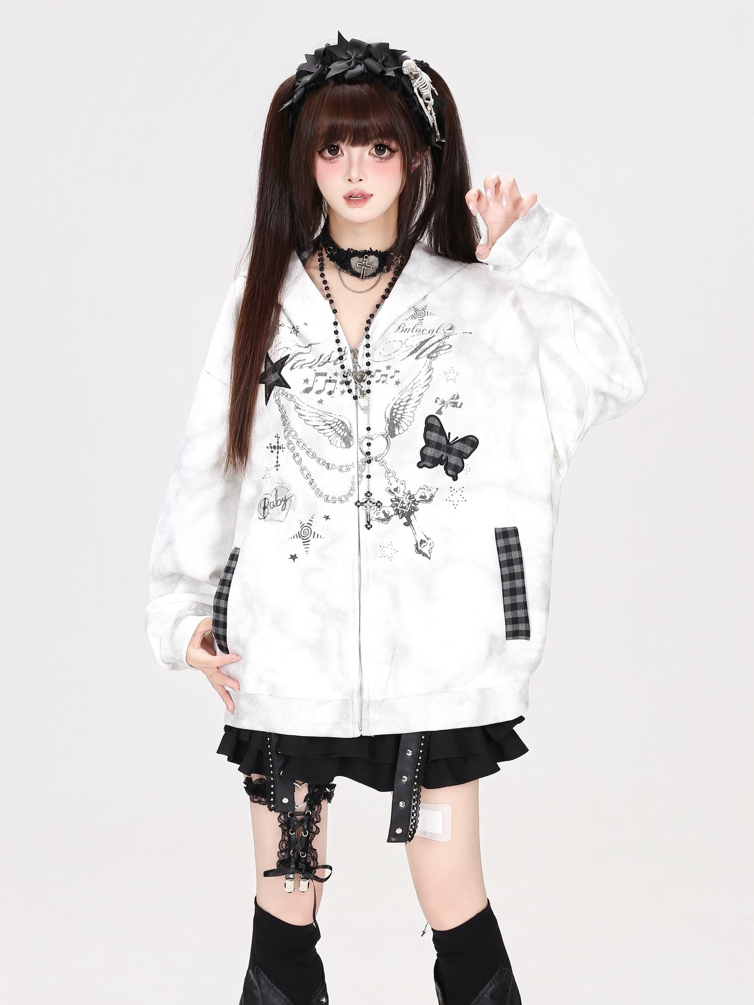 Crazy Girl Gray Pink Tie Dye Plaid Patchwork Cat Ear Women&