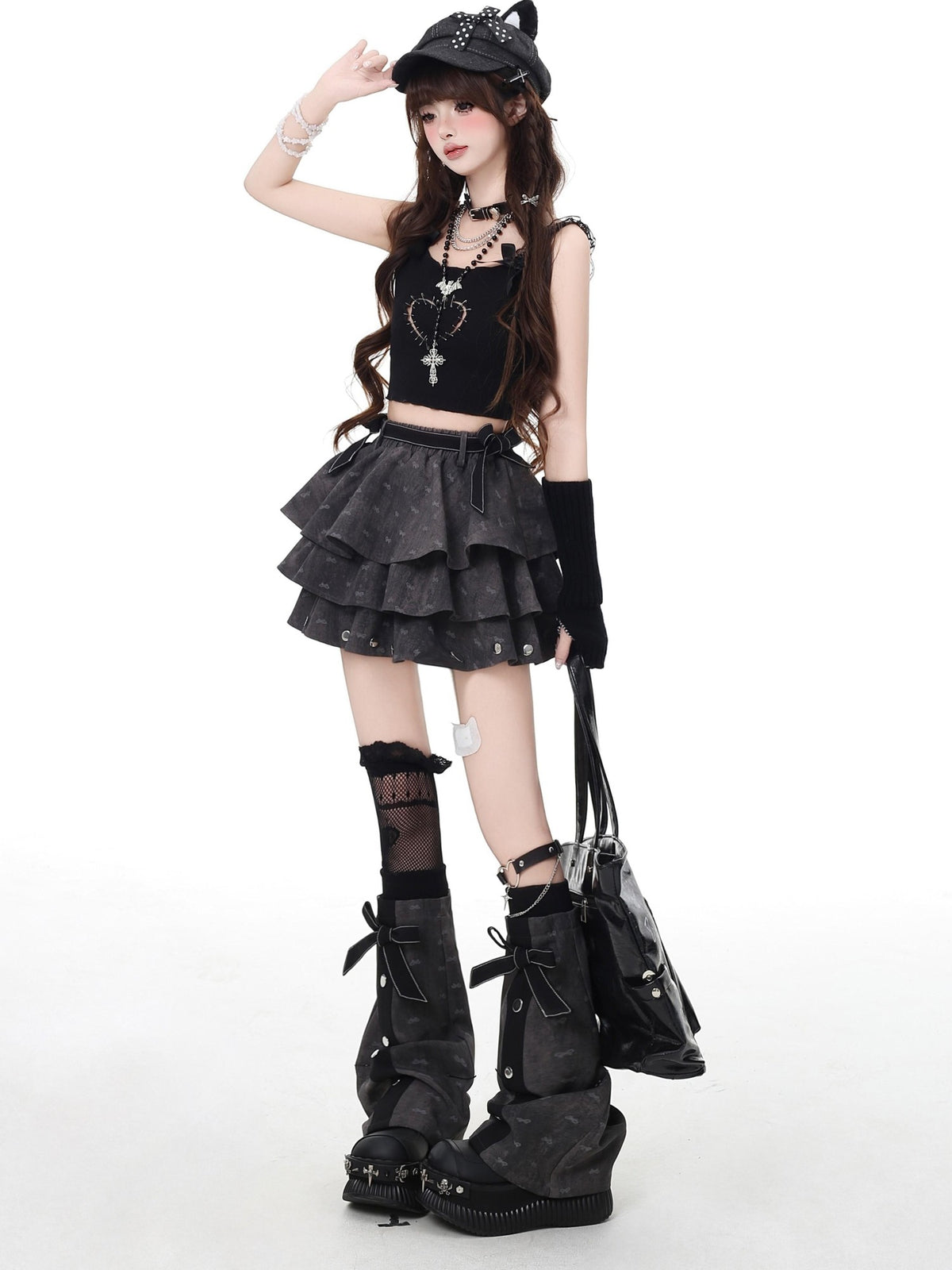 Crazy Girl Grey Subtle Jacquard Ruffled Tie Dye Gothic Women&