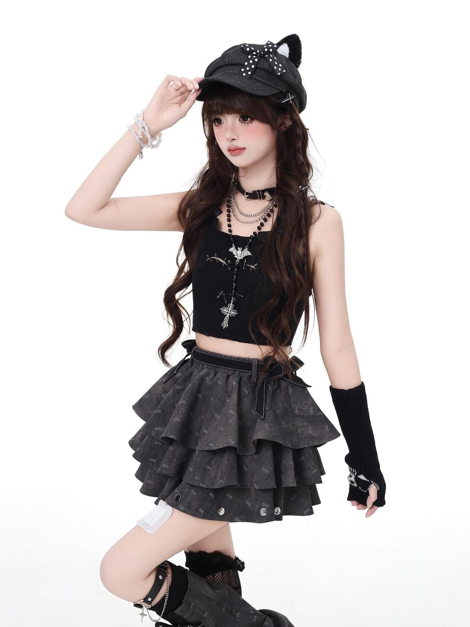 Crazy Girl Grey Subtle Jacquard Ruffled Tie Dye Gothic Women&