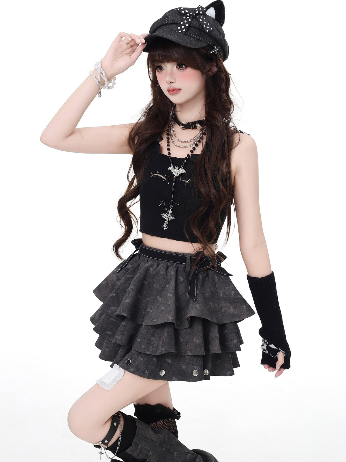 Crazy Girl Grey Subtle Jacquard Ruffled Tie Dye Gothic Women&