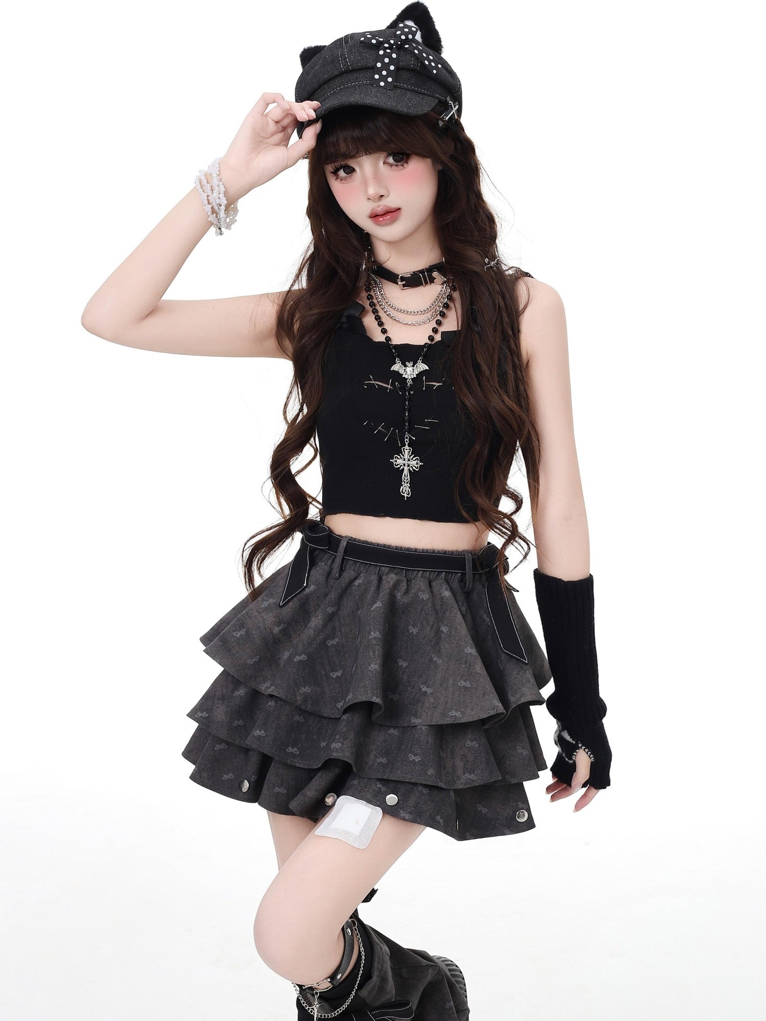 Crazy Girl Grey Subtle Jacquard Ruffled Tie Dye Gothic Women&