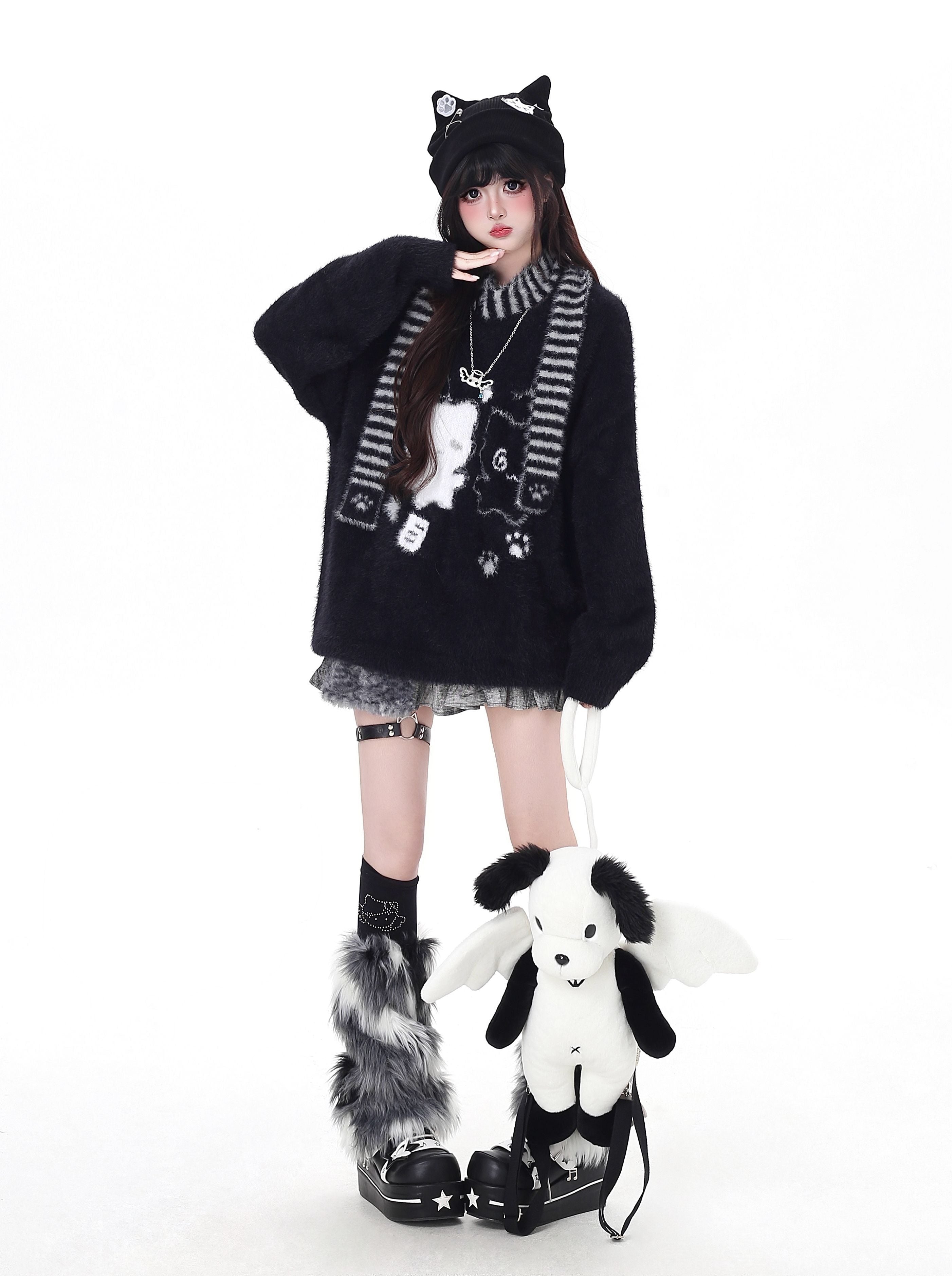 Crazy_Girl_Happy_Cat_Plush_Embossed_Crewneck_Loose_Cardigan_Women&