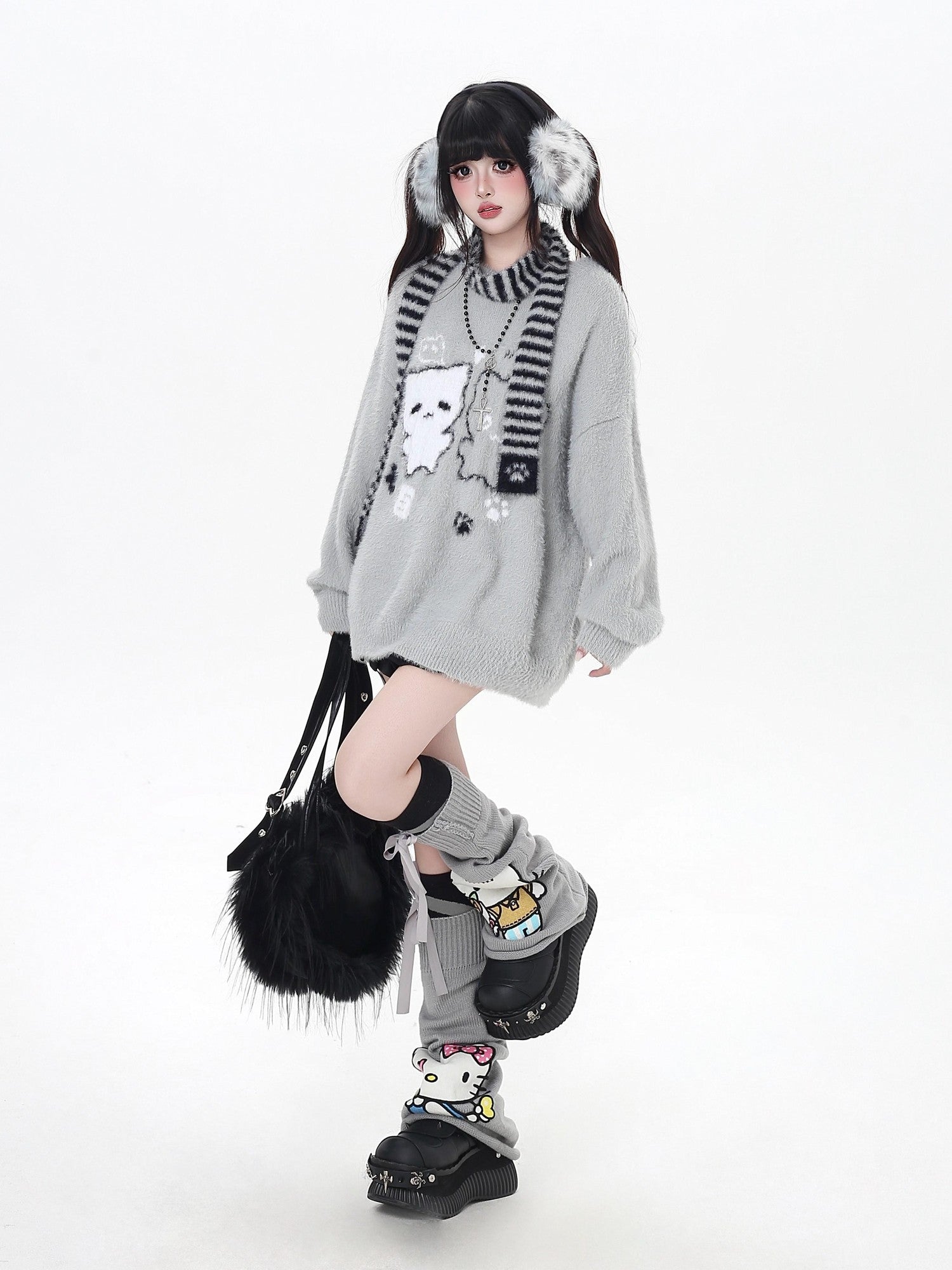 Crazy Girl Happy Cat Plush Embossed Crewneck Loose Cardigan Women&