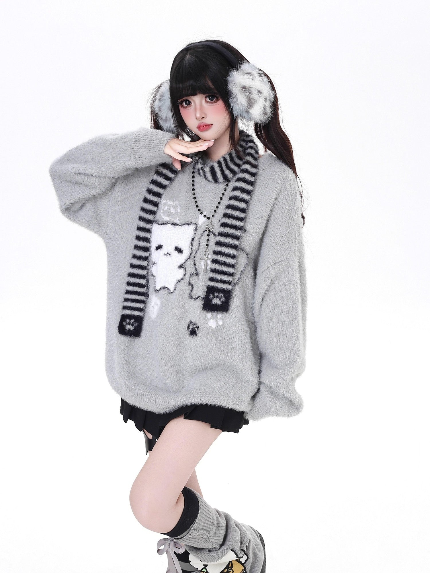 Crazy Girl Happy Cat Plush Embossed Crewneck Loose Cardigan Women&