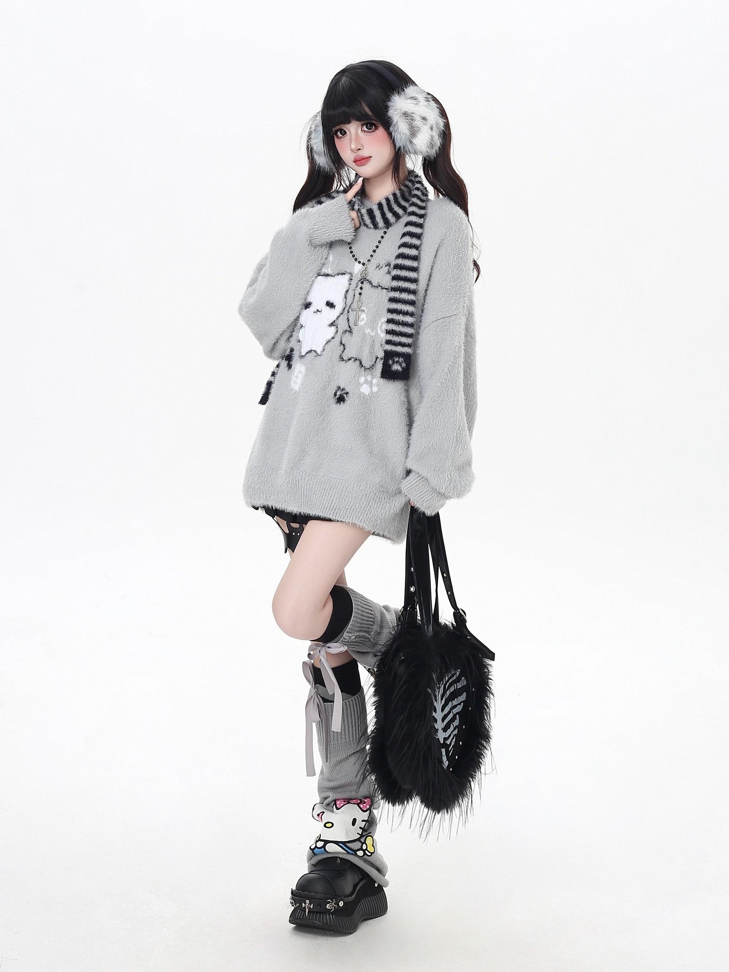 Crazy Girl Happy Cat Plush Embossed Crewneck Loose Cardigan Women&