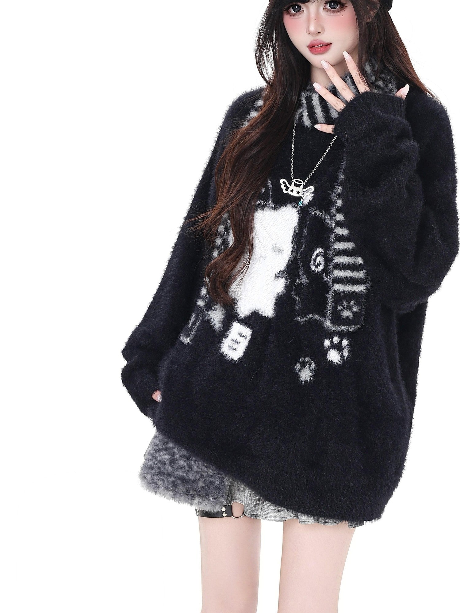 Crazy Girl Happy Cat Plush Embossed Crewneck Loose Cardigan Women&