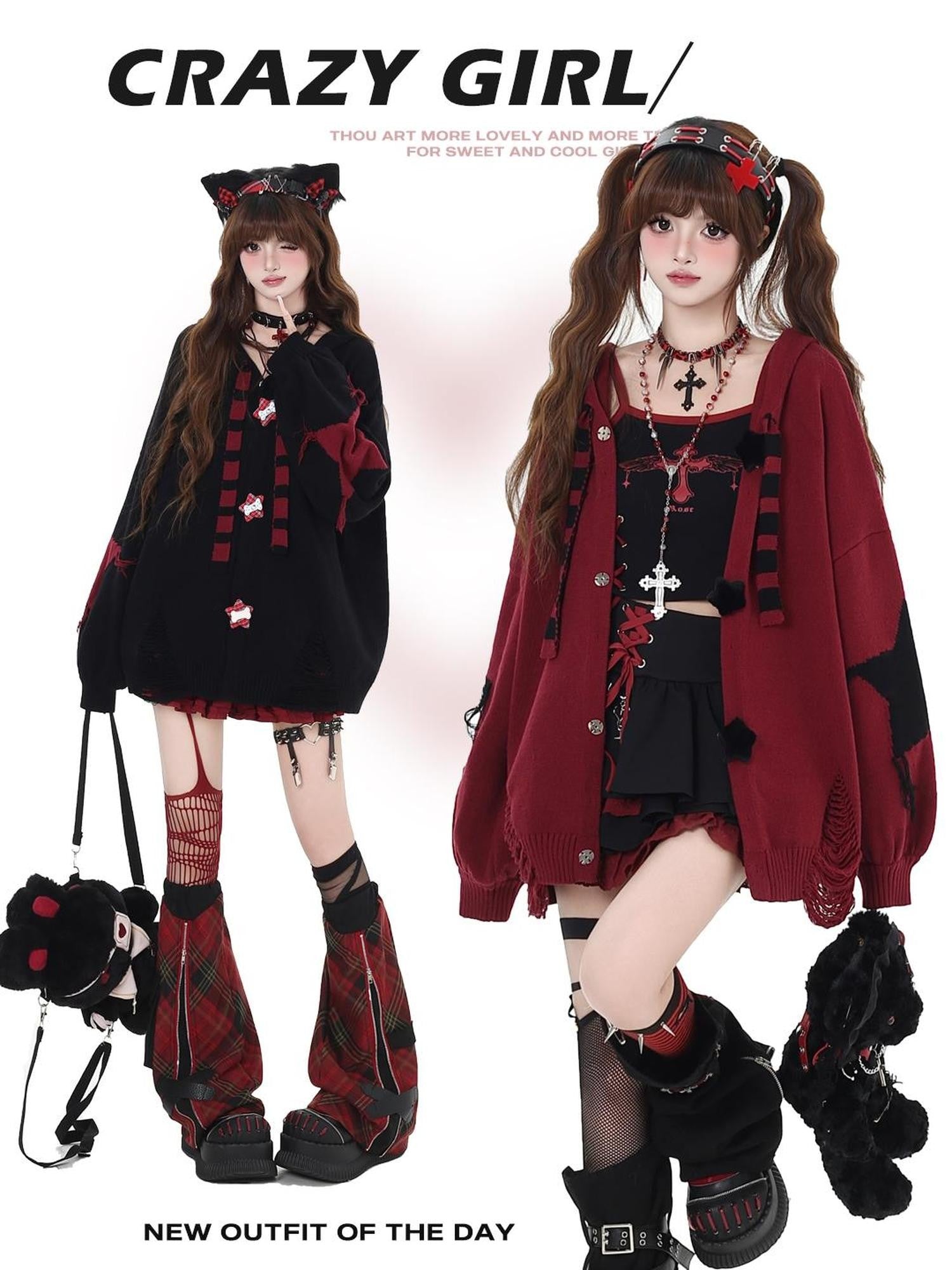 Crazy Girl Hooded Rabbit Ear Striped Star Women&