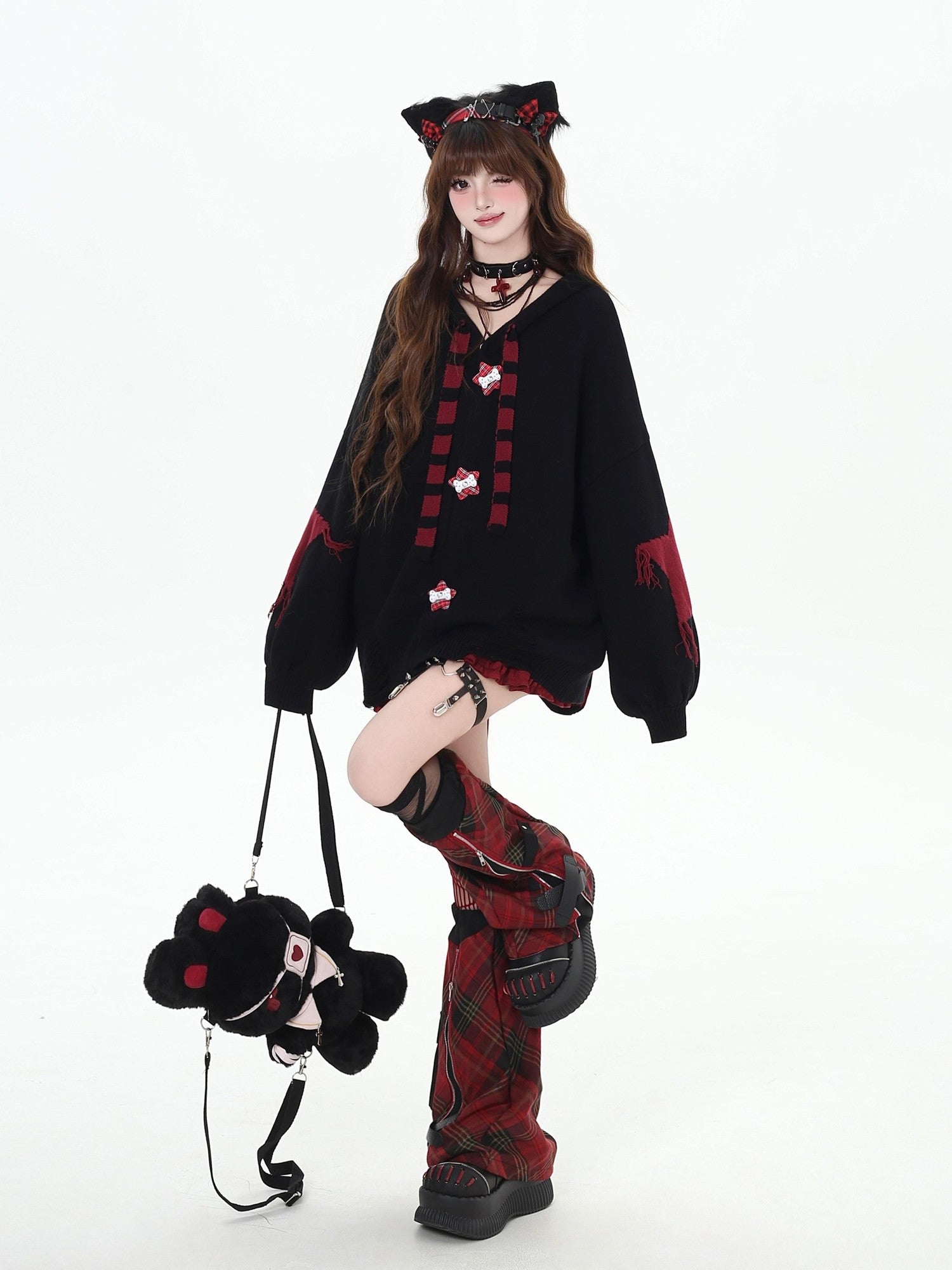 Crazy Girl Hooded Rabbit Ear Striped Star Women&