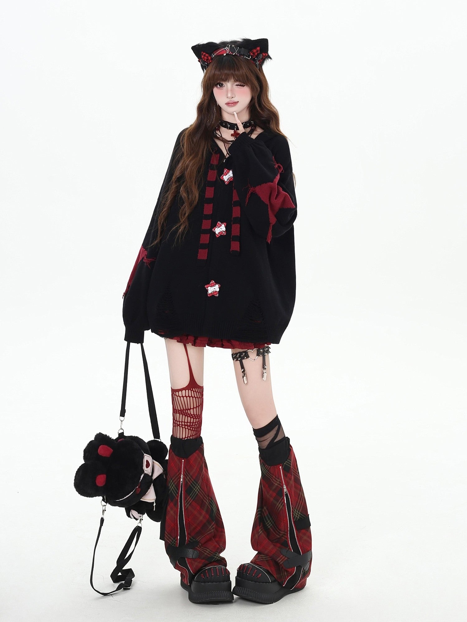 Crazy Girl Hooded Rabbit Ear Striped Star Women&