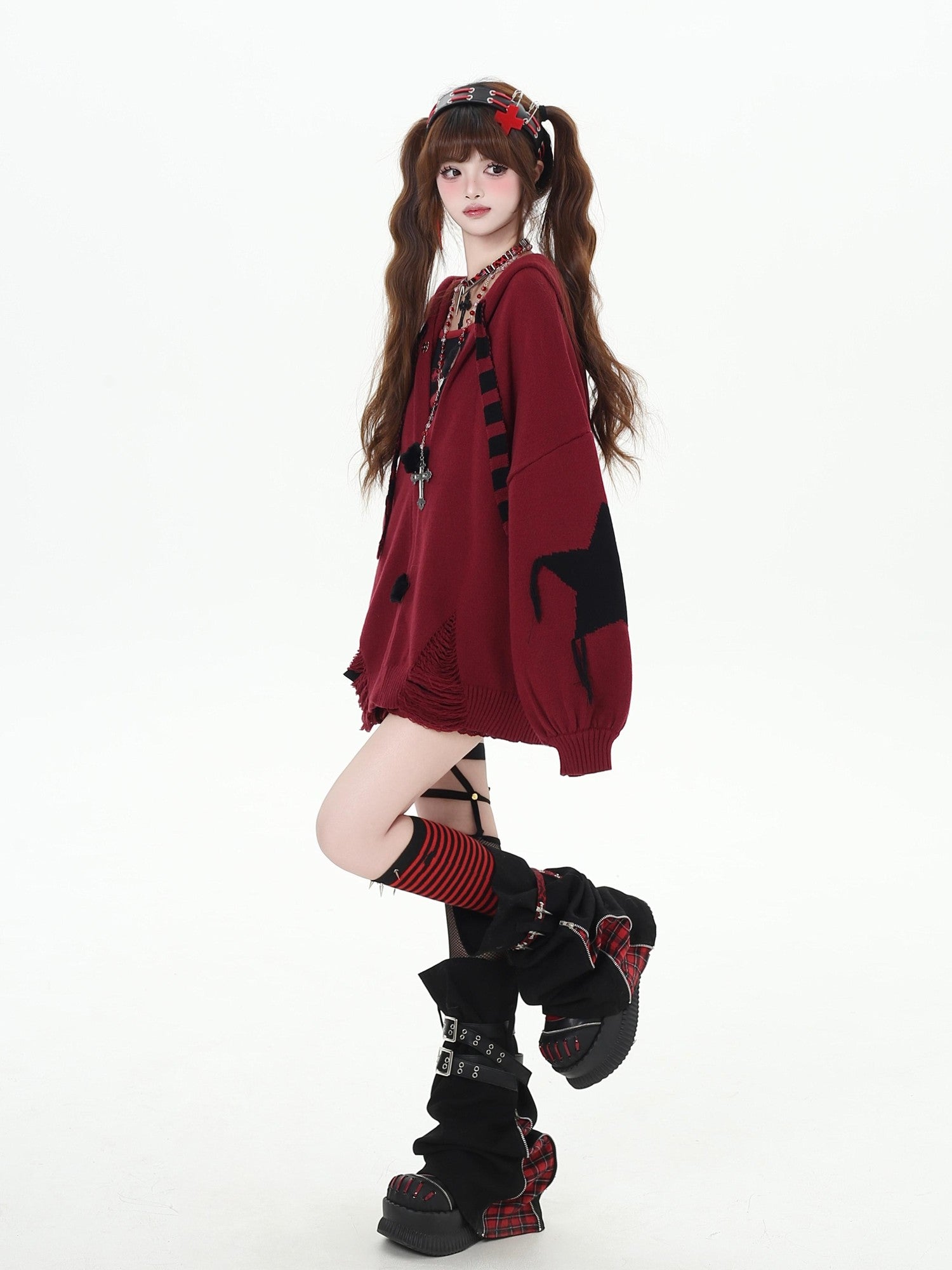 Crazy Girl Hooded Rabbit Ear Striped Star Women&