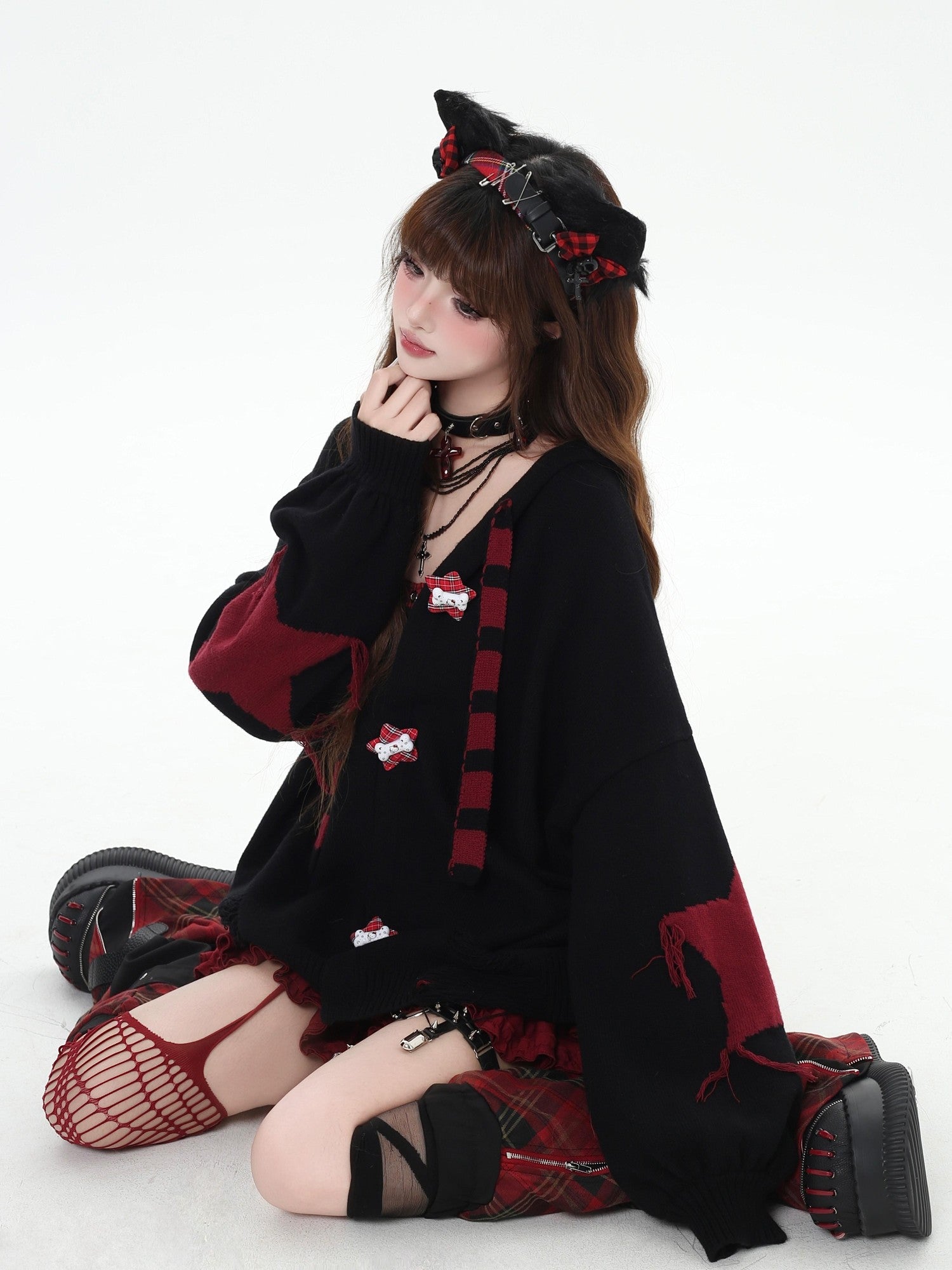 Crazy Girl Hooded Rabbit Ear Striped Star Women&
