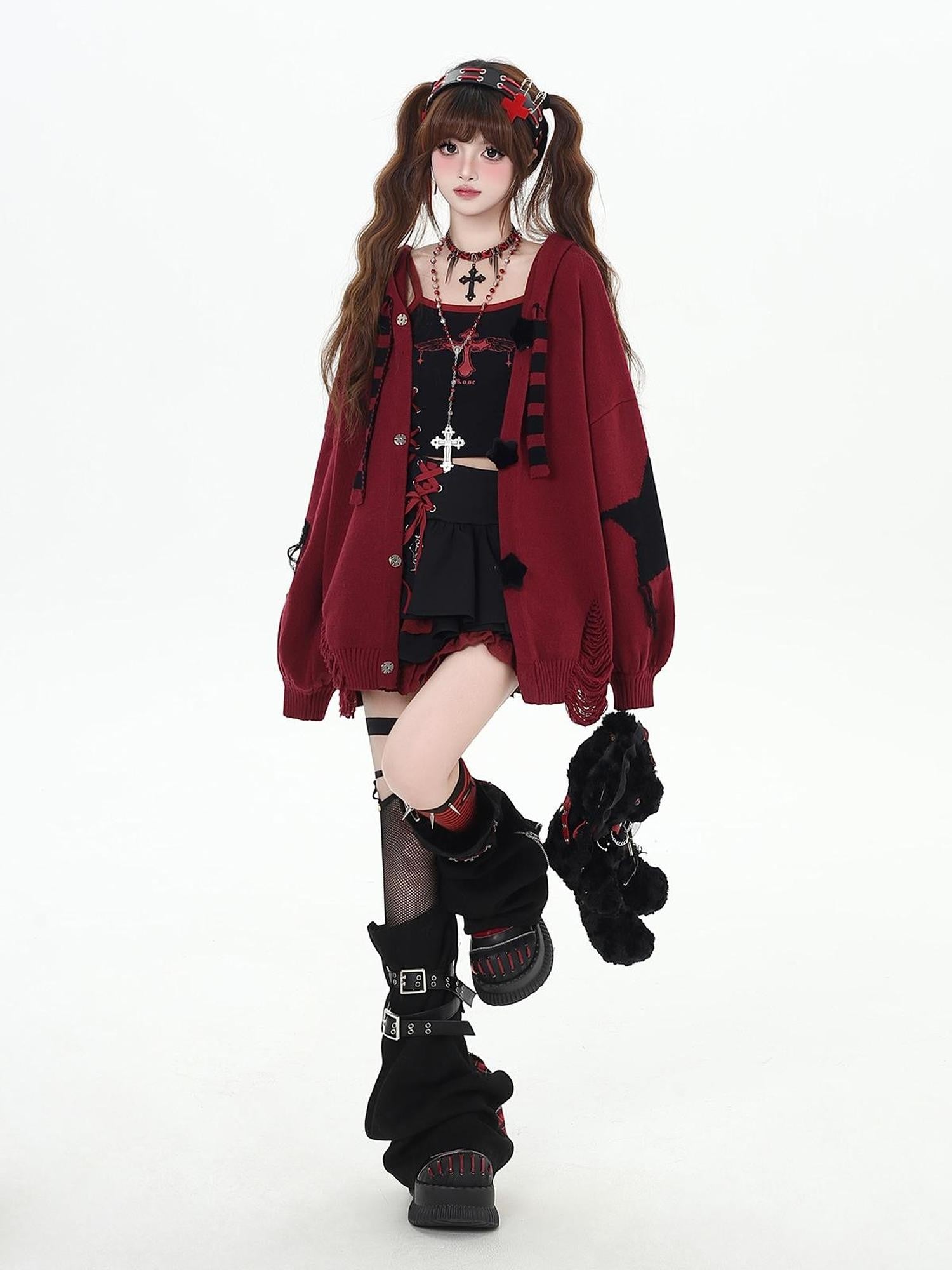 Crazy Girl Hooded Rabbit Ear Striped Star Women&