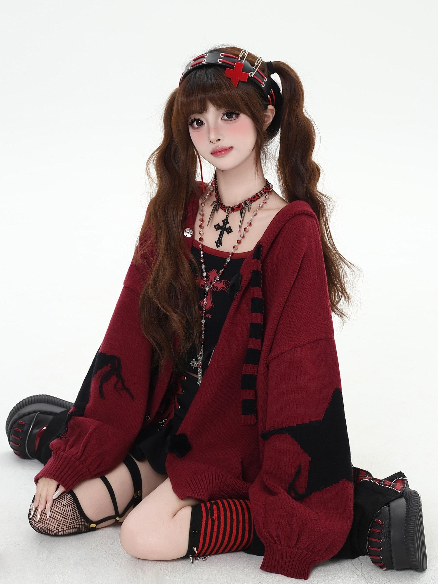 Crazy Girl Hooded Rabbit Ear Striped Star Women&