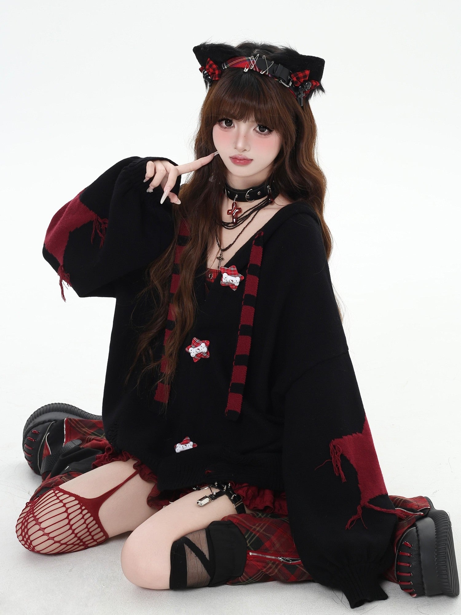 Crazy Girl Hooded Rabbit Ear Striped Star Women&