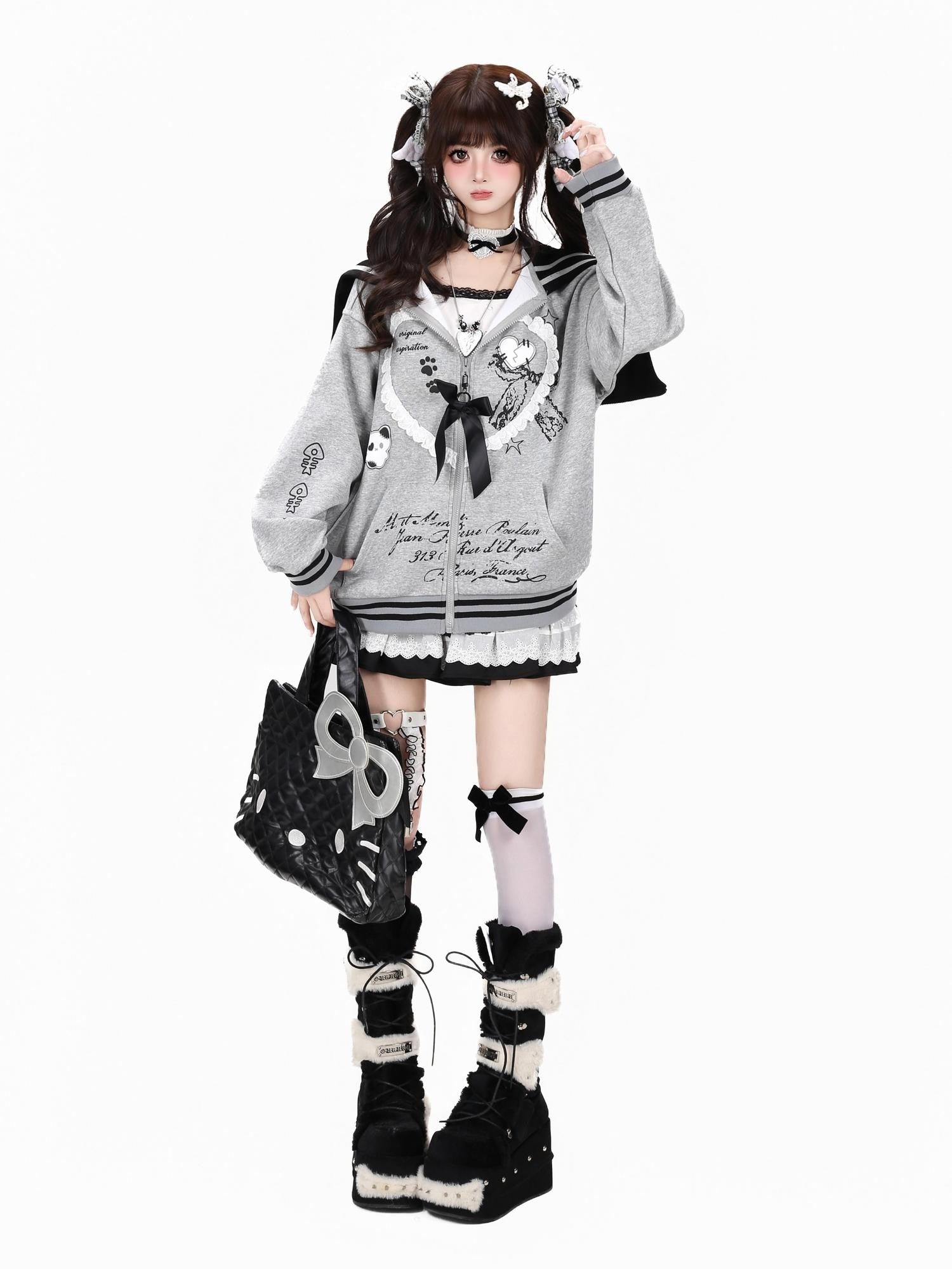 Crazy Girl Kawaii Cat Ear Convertible Lace Bow Heart Trim Women&