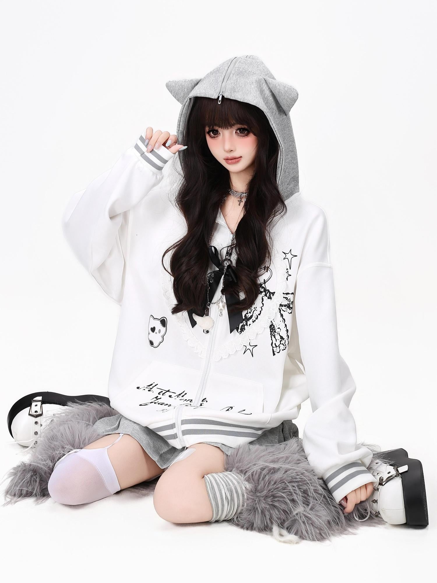Crazy Girl Kawaii Cat Ear Convertible Lace Bow Heart Trim Women&