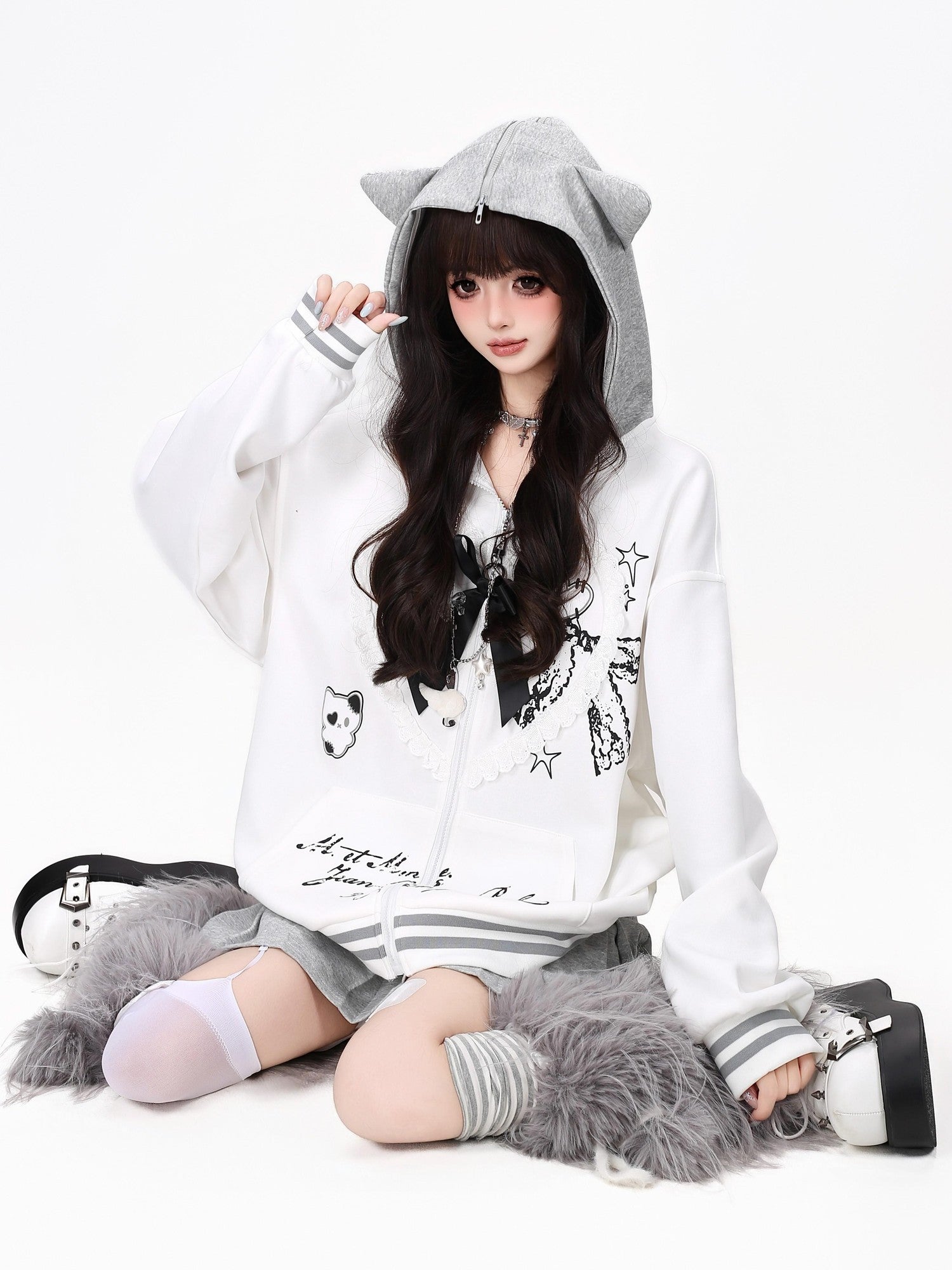 Crazy Girl Kawaii Cat Ear Convertible Lace Bow Heart Trim Women&