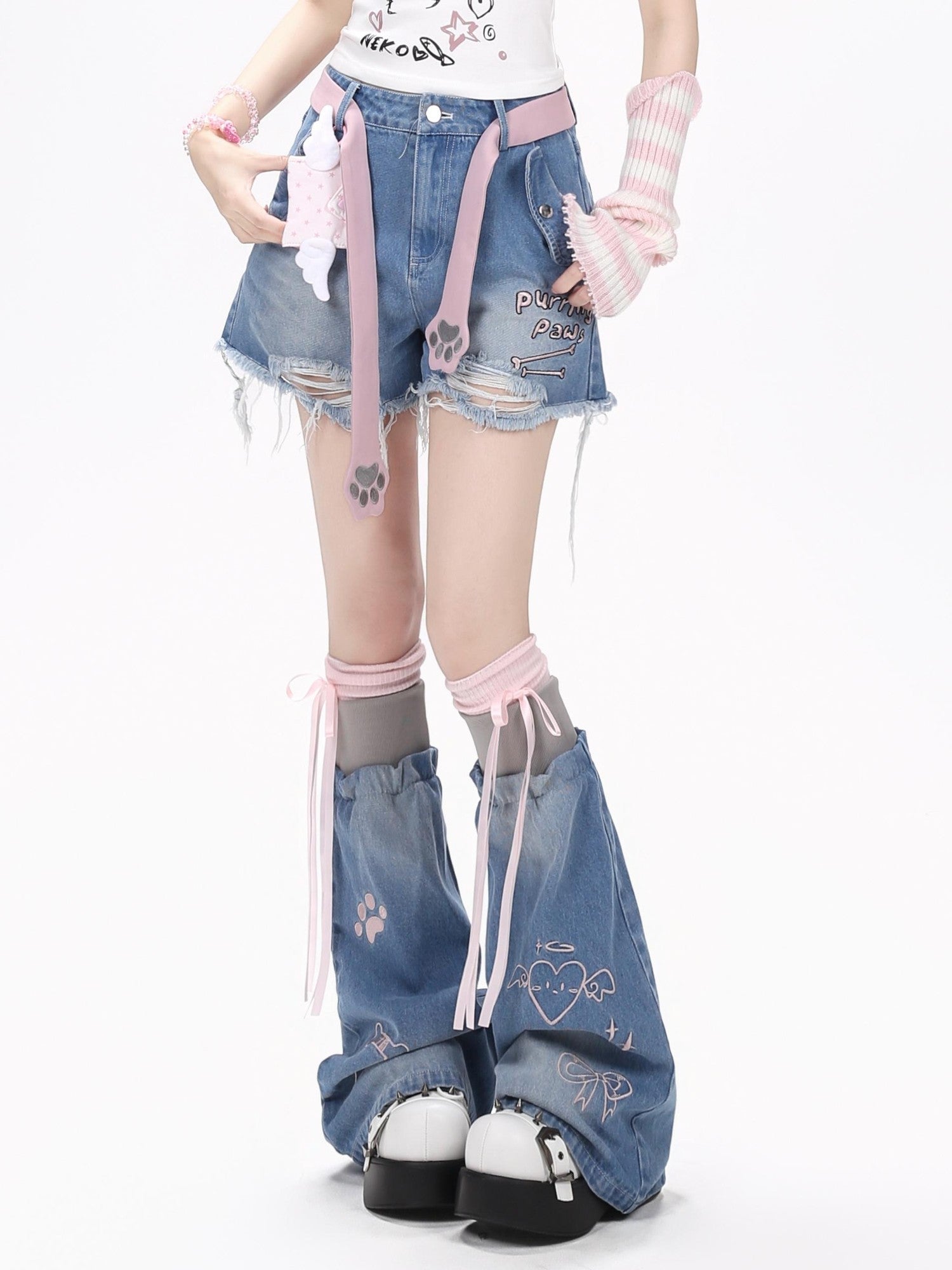 Crazy Girl Kitten Letter Print Distressed High Waist Button Women&
