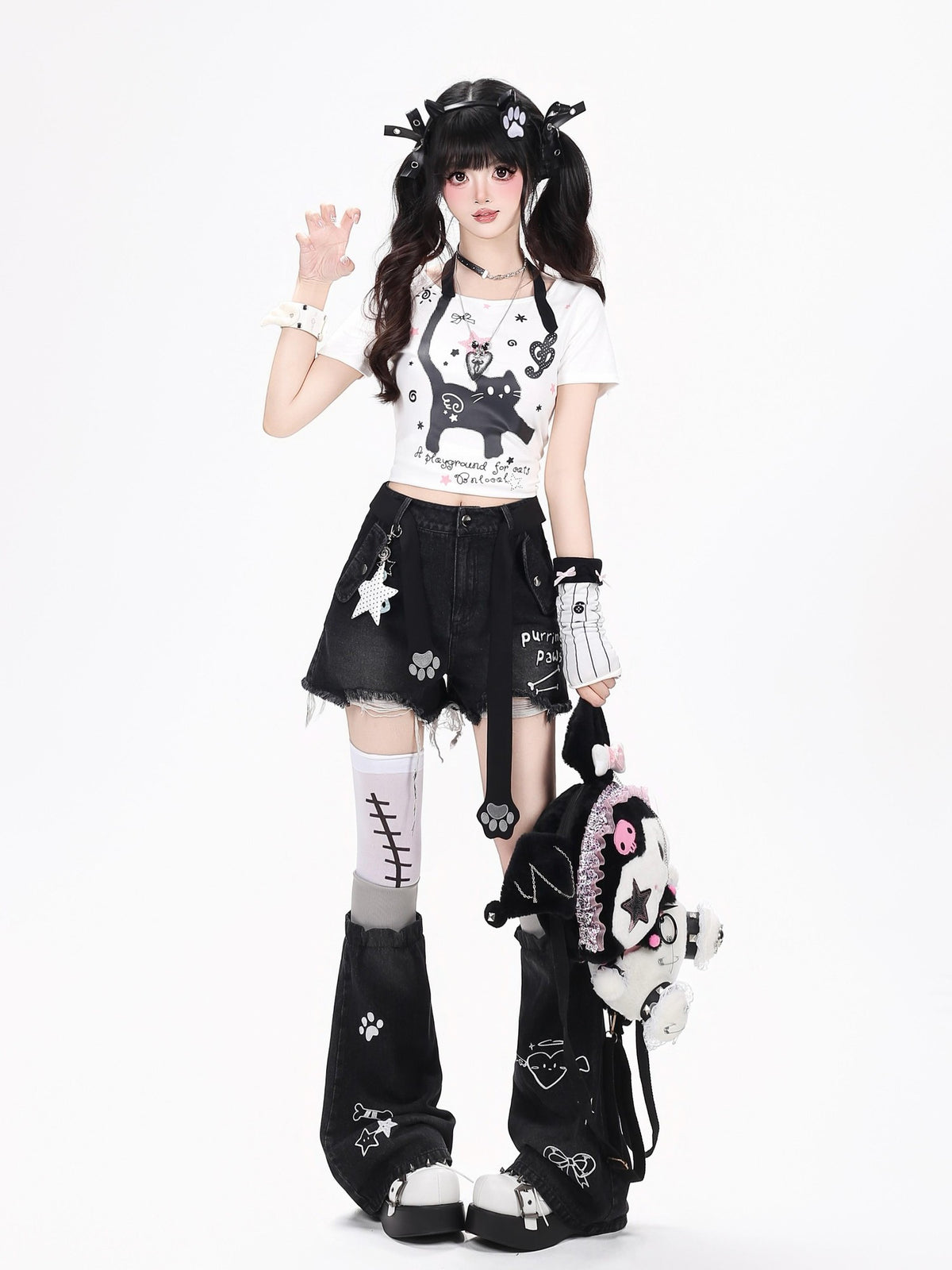 Crazy Girl Kitten Letter Print Distressed High Waist Button Women&