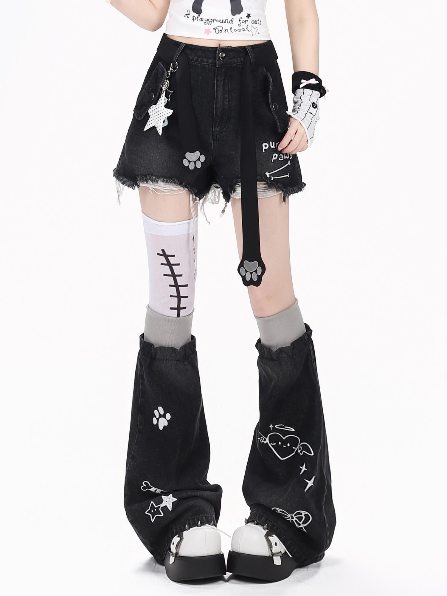 Crazy Girl Kitten Letter Print Distressed High Waist Button Women&
