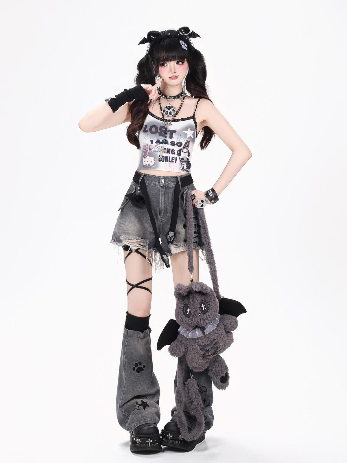 Crazy Girl Kitten Letter Print Distressed High Waist Button Women&