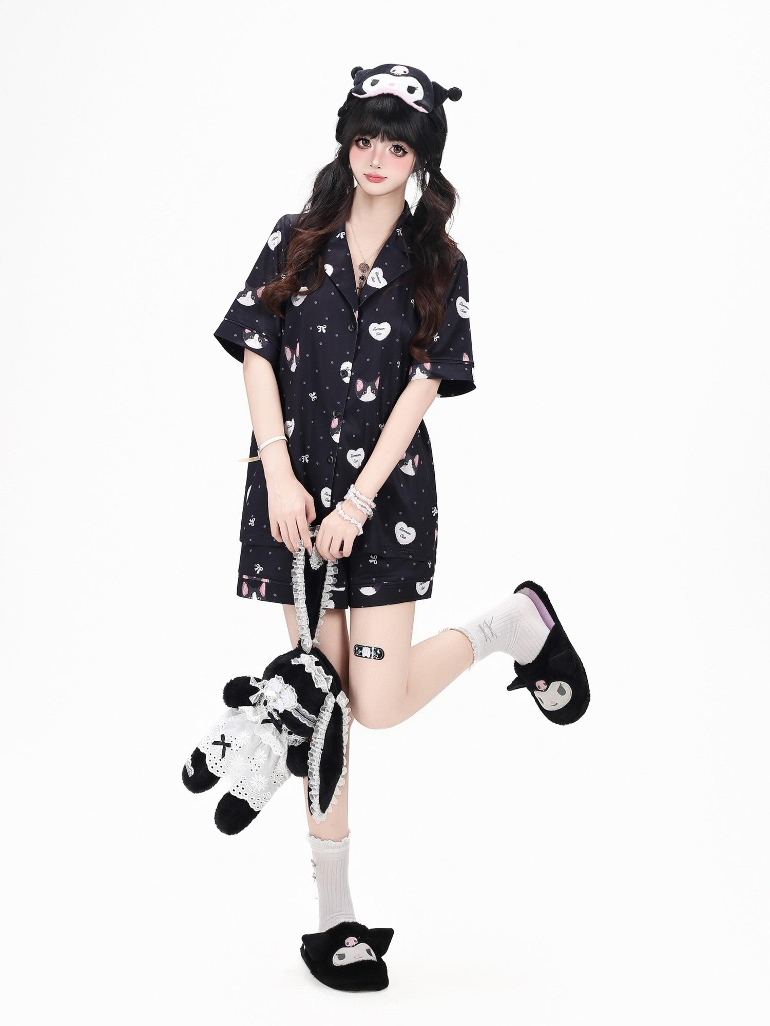 Crazy Girl Kitten Print Japanese Soft Short Sleeve Lapel Women&