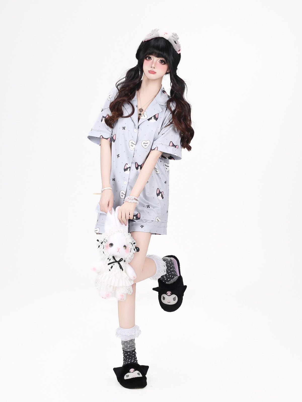 Crazy Girl Kitten Print Japanese Soft Short Sleeve Lapel Women&