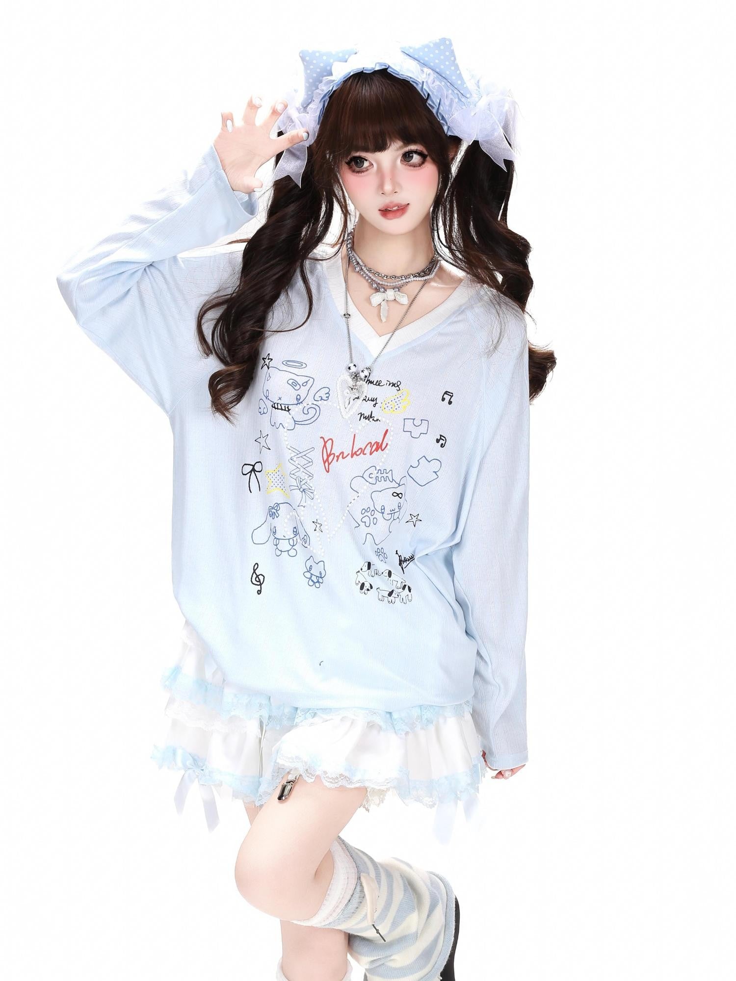 Crazy Girl Korean V-neck Raglan Patchwork Loose Women&