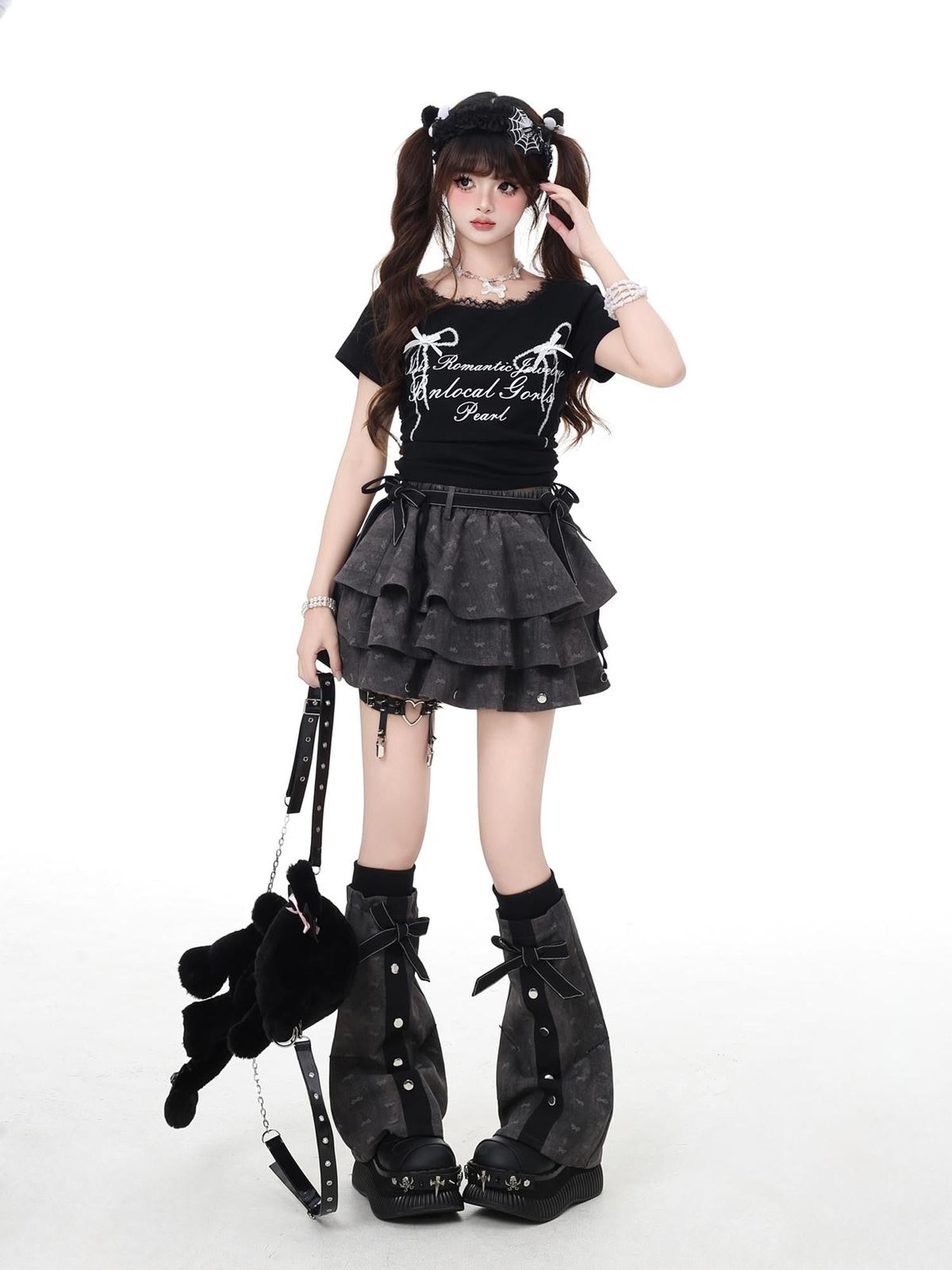 Crazy Girl Lace Trim Drawstring Slim Fit Short Sleeve Round Neck Women&