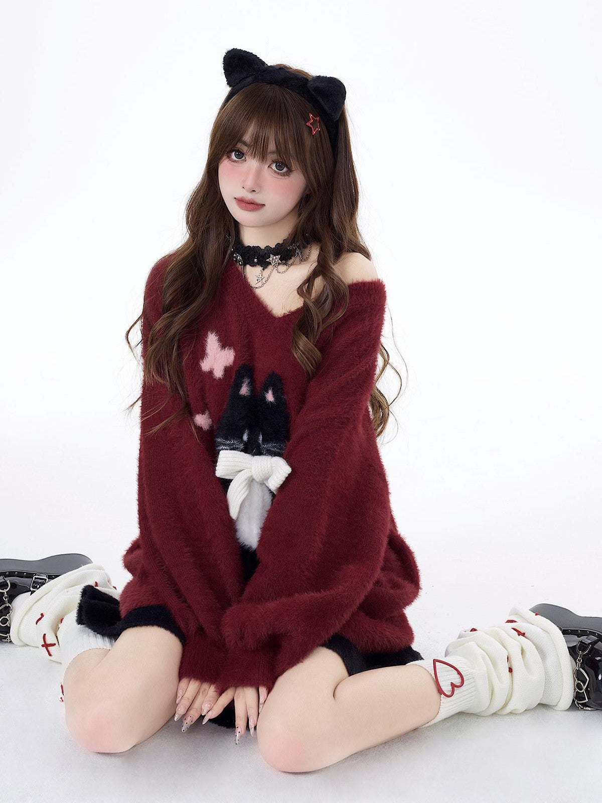 Crazy Girl Lazy Kitten Bow Jacquard Oversized Women&