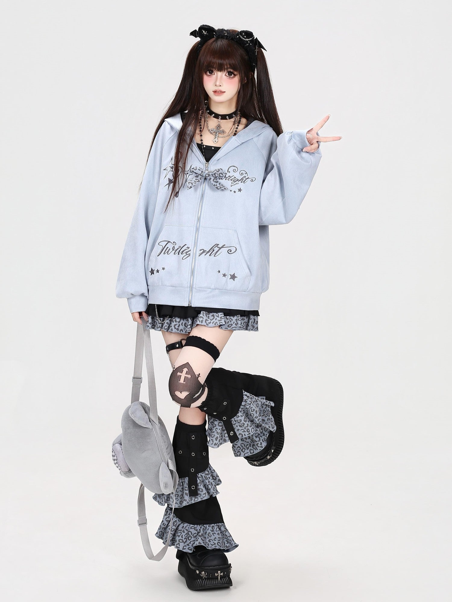 Crazy Girl Leopard Cat Ear Note Embroidered Hooded Women&