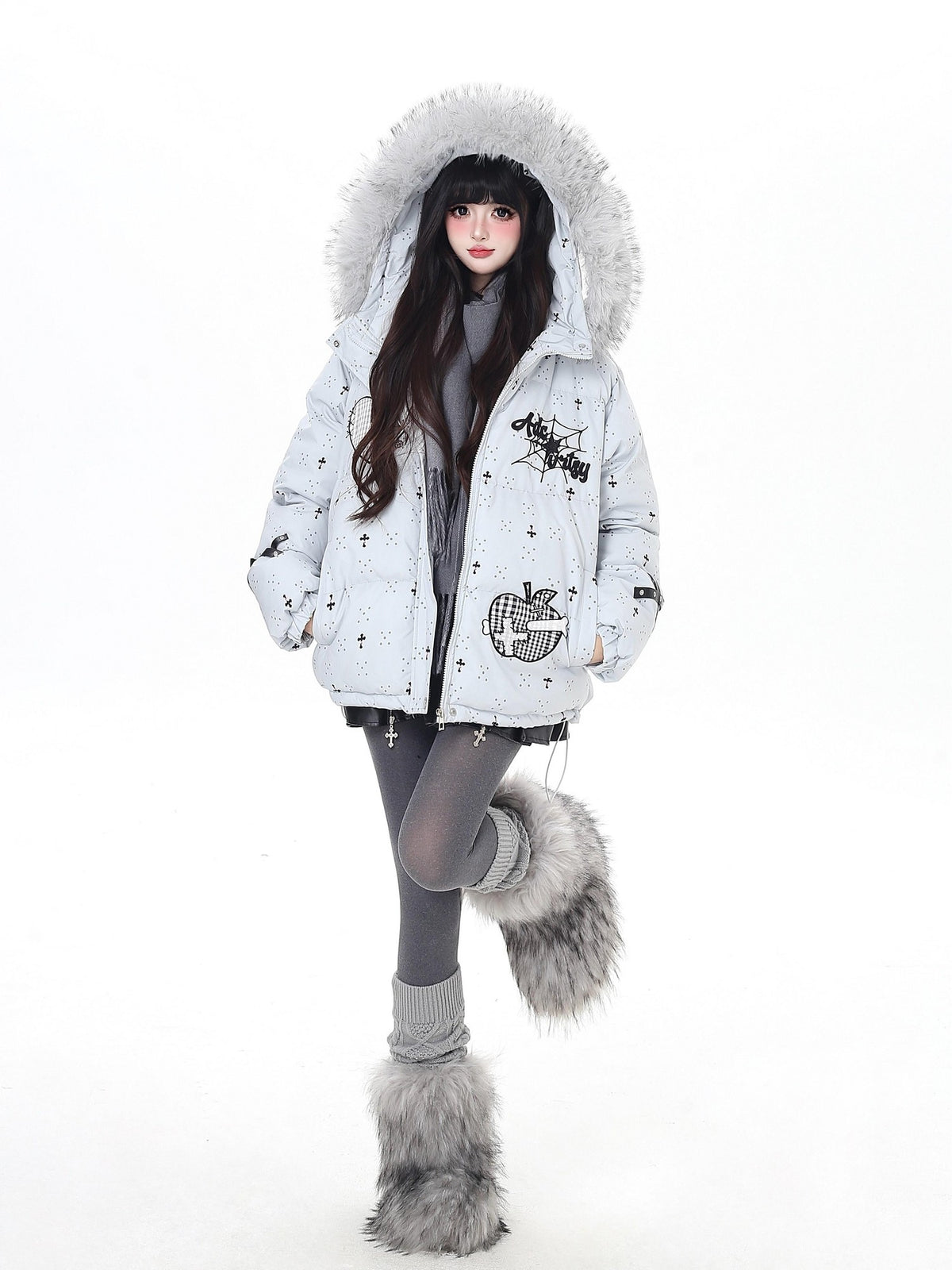 Crazy Girl Lightweight Hooded Detachable Fur Collar Loose Fit Women&